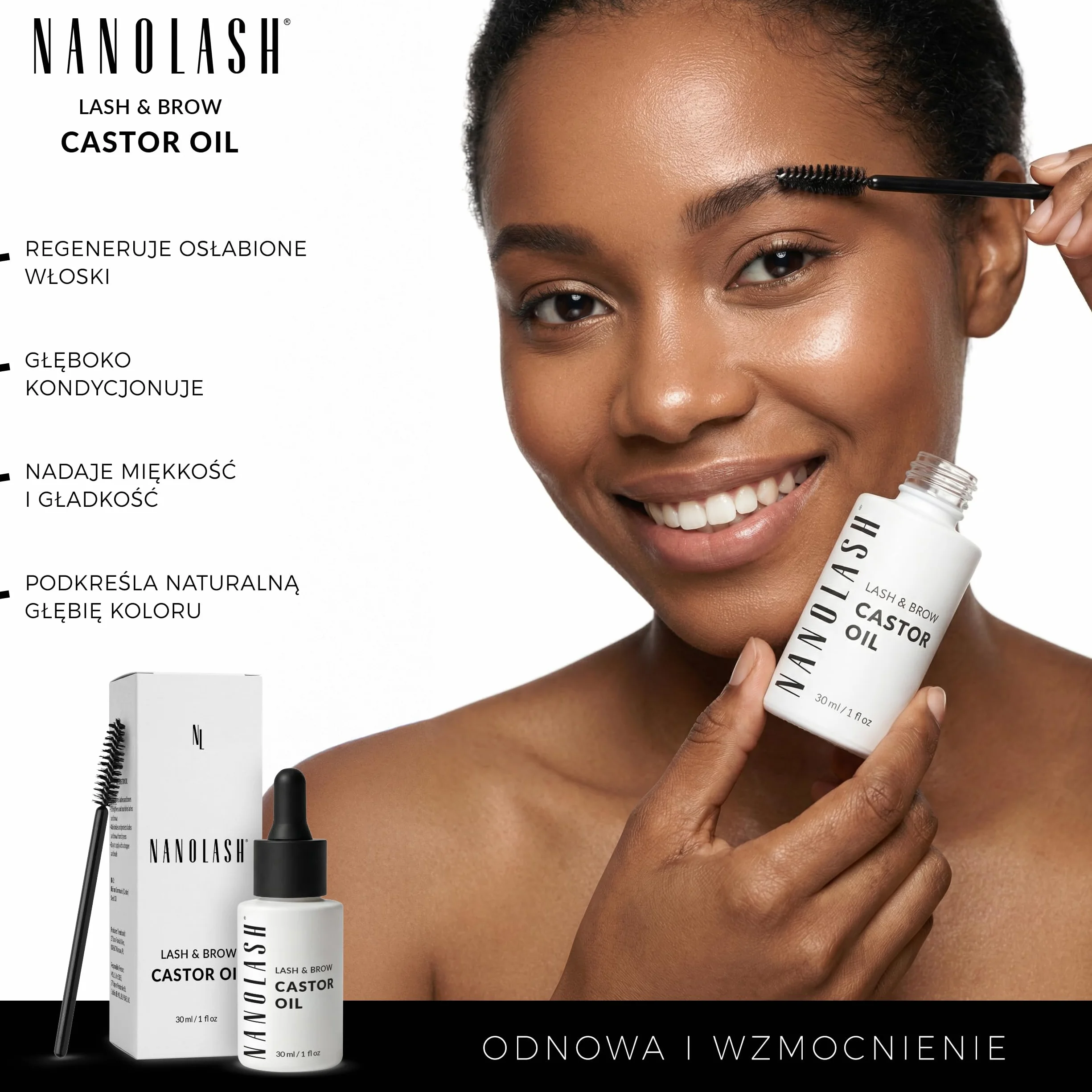 Olejek rycynowy Nanolash 30 ml - 100% naturalny, zimnotłoczony i nierafinowany olejek do rzęs i brwi, przyśpiesza wzrost rzęs, olej rycynowy z aplikatorem