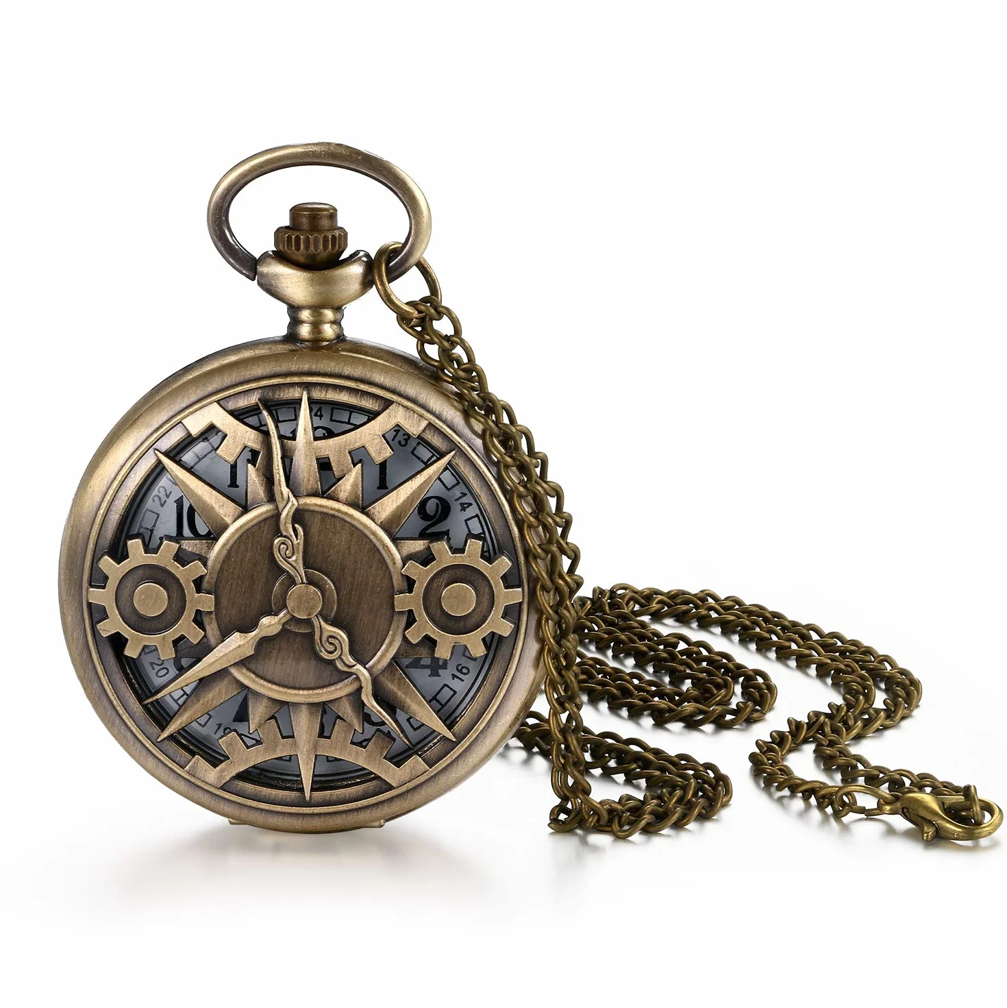 JewelryWe Prezent na Dzień Ojca, zegarek kieszonkowy, męski, retro, koło zębate, czaszka, rzymskie cyfry, znak zodiaku, mapa świata, analogowy, kwarcowy, wisiorek z łańcuszkiem, łańcuszkiem, brąz,