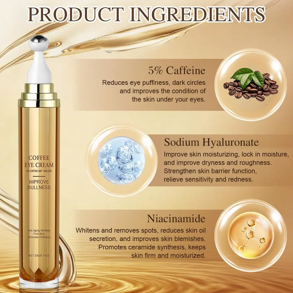 Serum do oczu dla mężczyzn i kobiet, 20 g płynów z kofeiną do oczu, serum do konturowania oczu z aplikatorem w rolce do rozjaśniania worków i cieni, przeciw starzeniu się (1 szt.)