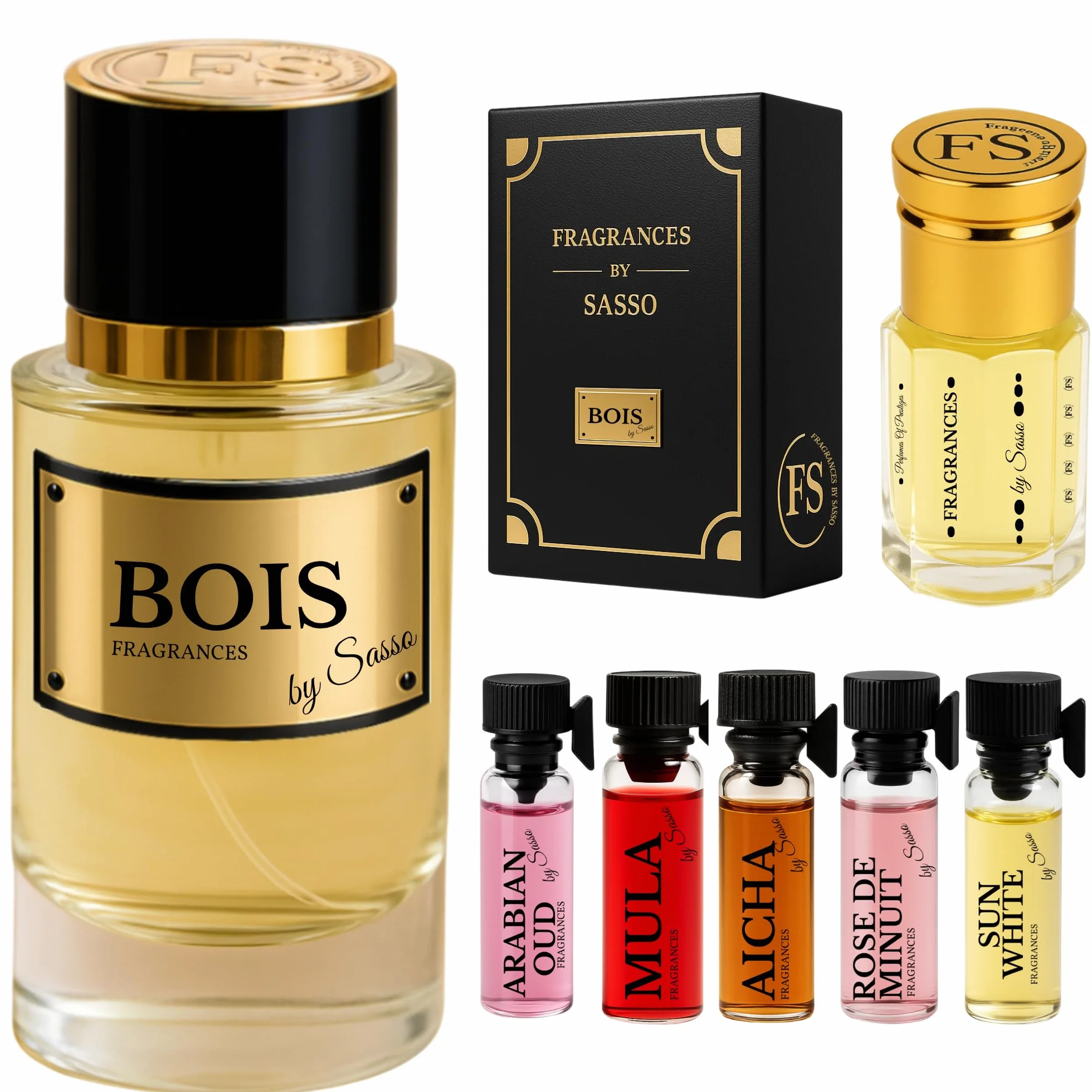 Perfumy Intense DREWNO FRAGRANCES BY SASSO Ekstrakt 50 ml + Piżmo 3 ml + 5 próbek Pudełko prezentowe