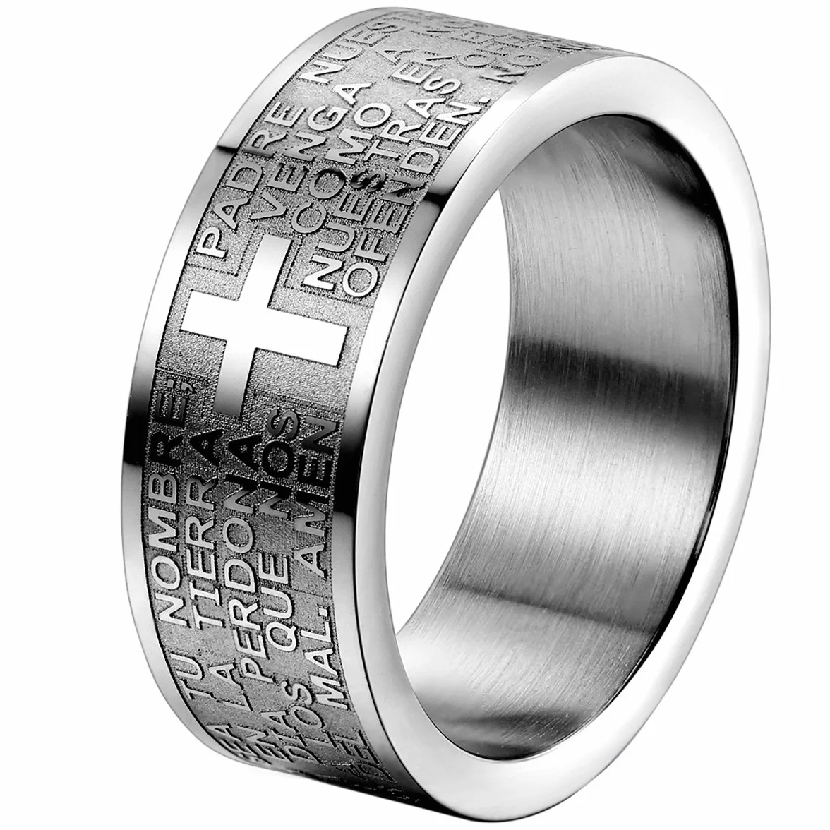 OIDEA Spersonalizowany pierścionek męski, szeroki, ze stali nierdzewnej, 8 mm, biblijny, modlitewny, krzyż, pierścionek dla mężczyzn