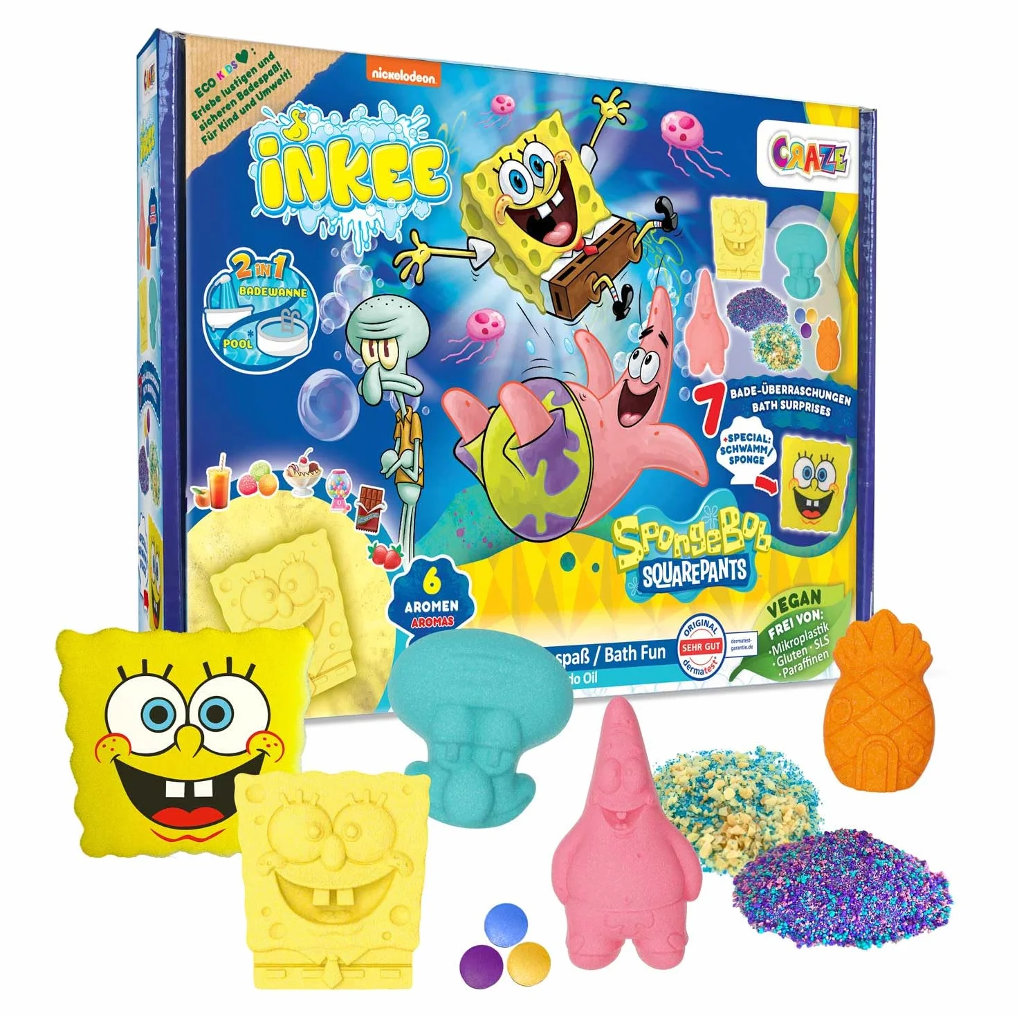 INKEE Zestaw Prezentowy SpongeBob Zestaw do Kąpieli 7 Dodatków, Kule i Sól do Kąpieli dla Dzieci z Olejem Awokado + Akcesoria – Zabawka od 3 Lat