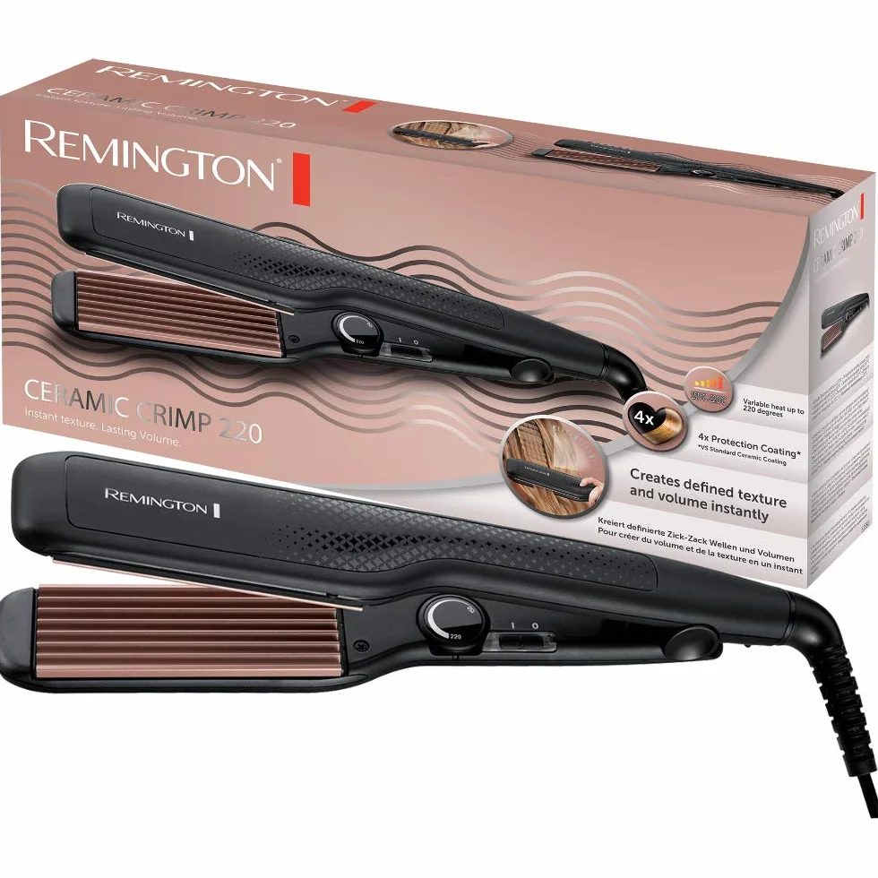 Remington karbownica (37mm), powłoka ceramiczno-turmalinowa, 4x ochrona włosów, zakres temp. 150-230°C, szerokie płytki, obrotowy przewód 1.8m, etui w zestawie, czarna, Ceramic Crimp S3580