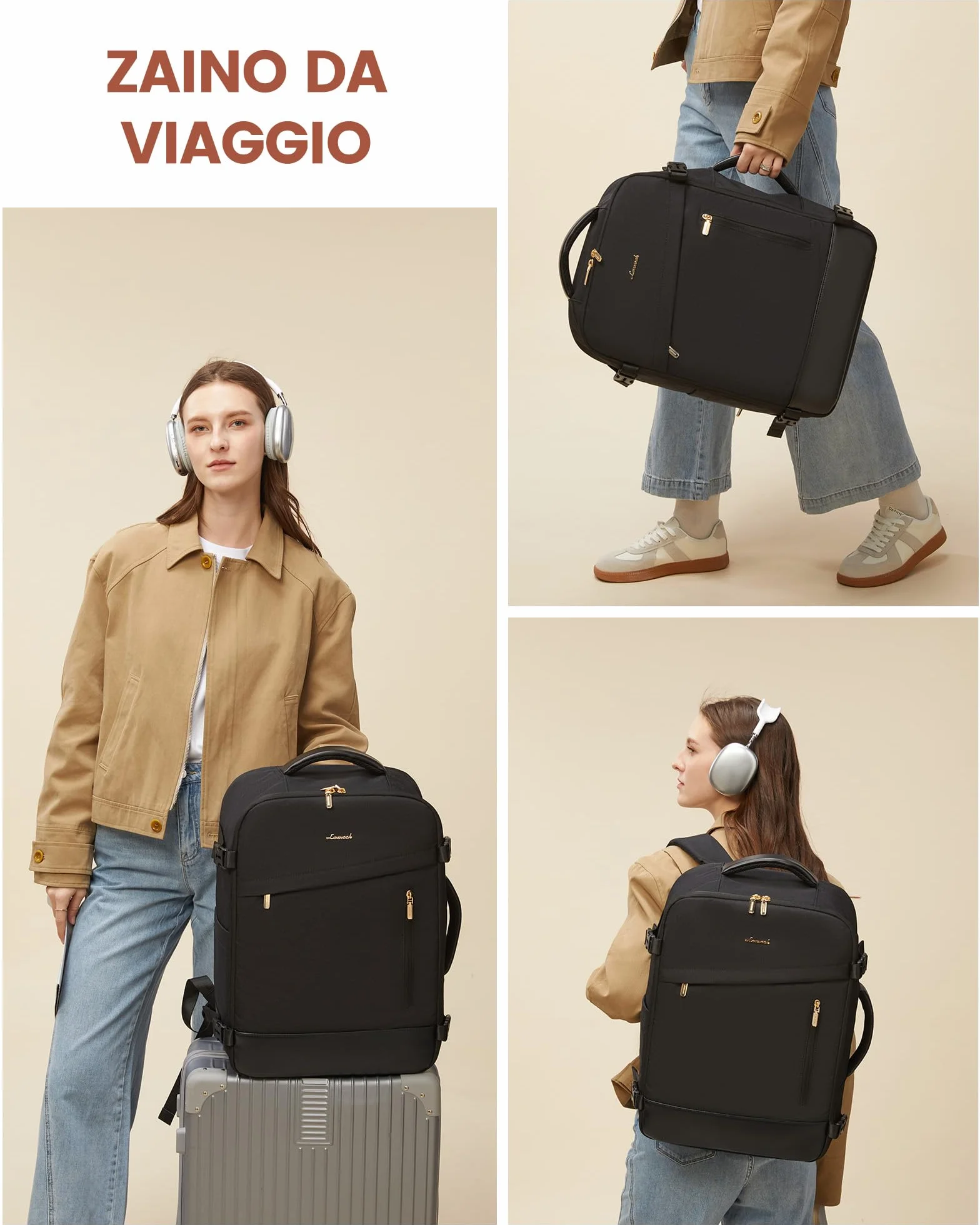 LOVEVOOK plecak podręczny, plecak podróżny dla kobiet, rozszerzalny design, plecak podręczny do samolotu, plecak podróżny jako torba kabinowa do podróży i biznesu, czarny, 40x30x20cm-24L