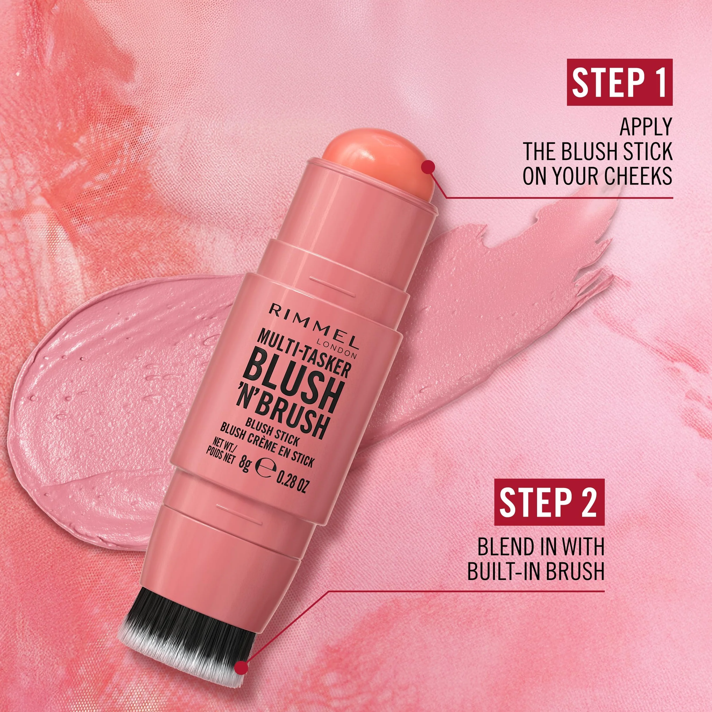 Rimmel Multi Tasker Blush'n'Brush róż w sztyfcie z wbudowanym pędzelkiem nr 100 Cotton Candy, 8g