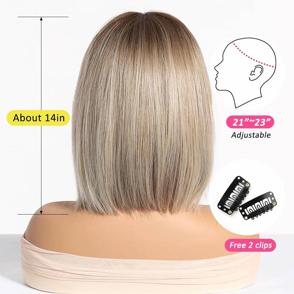 Ombre blond peruka damska krótka bob, prosta peruka syntetyczna dla kobiet, 100% japońskie włókna Kanekalon, na co dzień, imprezę, Halloween