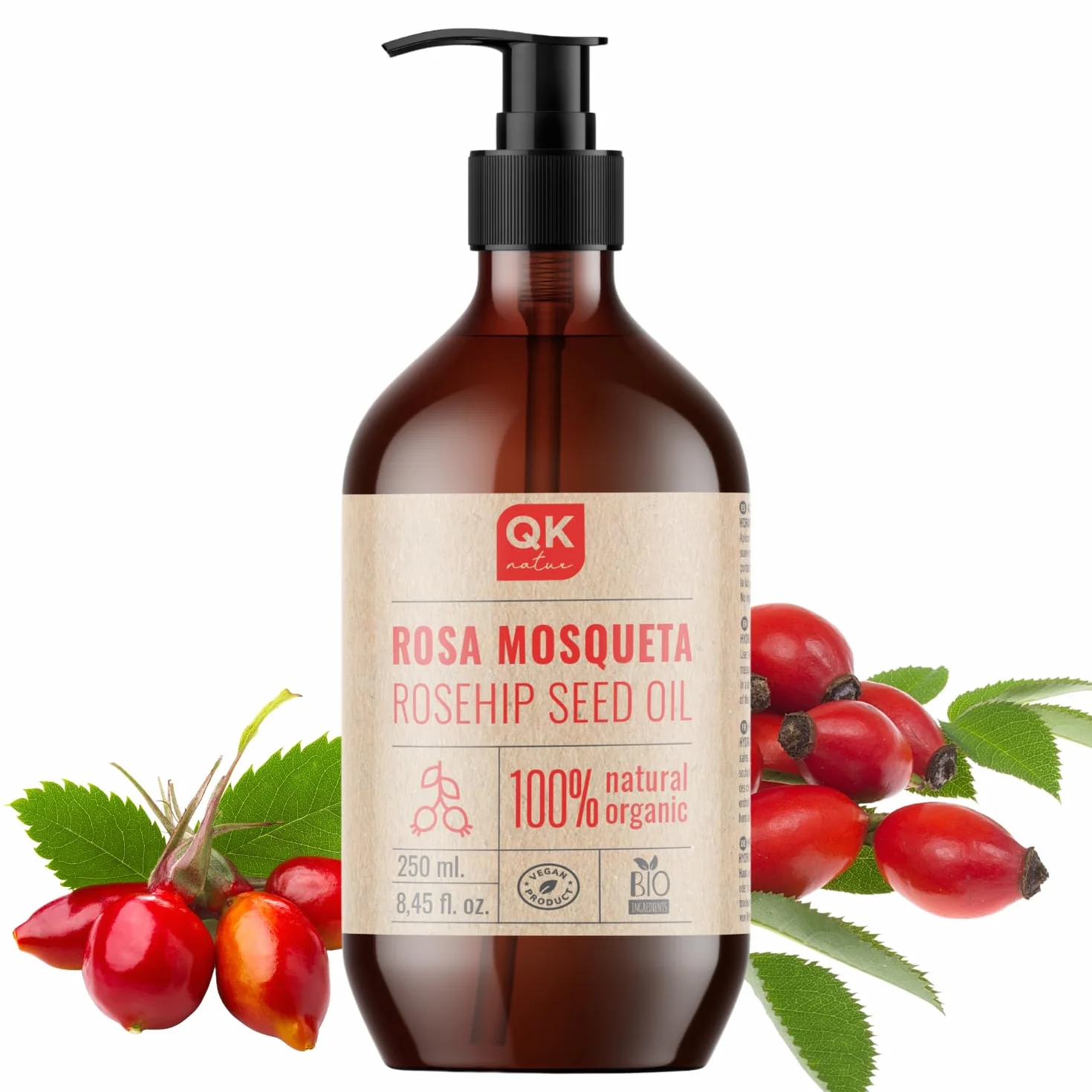 Olej z dzikiej róży, 100% czysty organiczny wegański - 250 ml - na blizny i rozstępy - Przeciwzmarszczkowy, przeciwstarzeniowy - BIO - Tłoczony na zimno