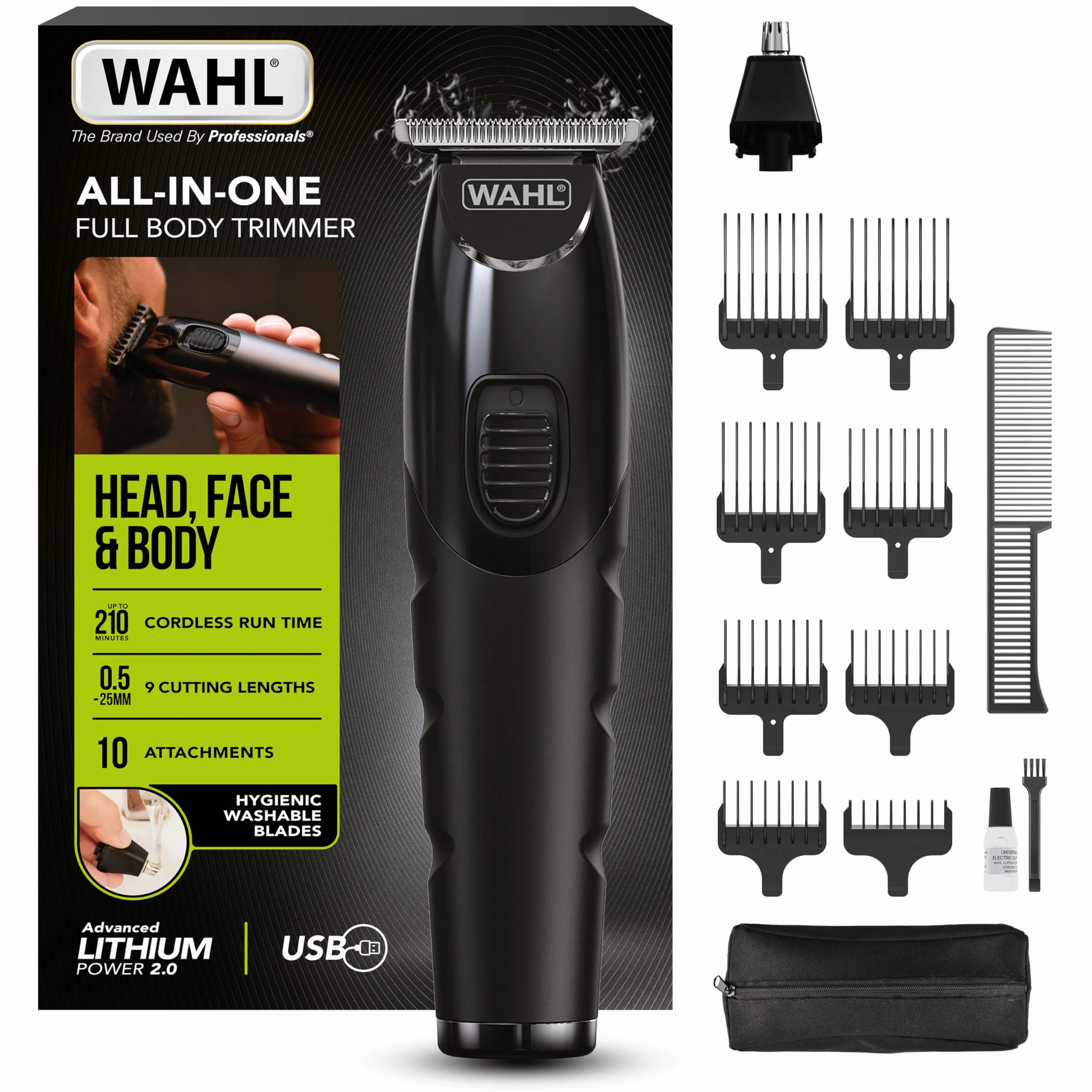 WAHL All in One Trimmer, Pielęgnacja Włosów, Brody, Uszu, Nosa i Ciała, Mocny Akumulator Litowy, 0,5-25 mm, 210 minut