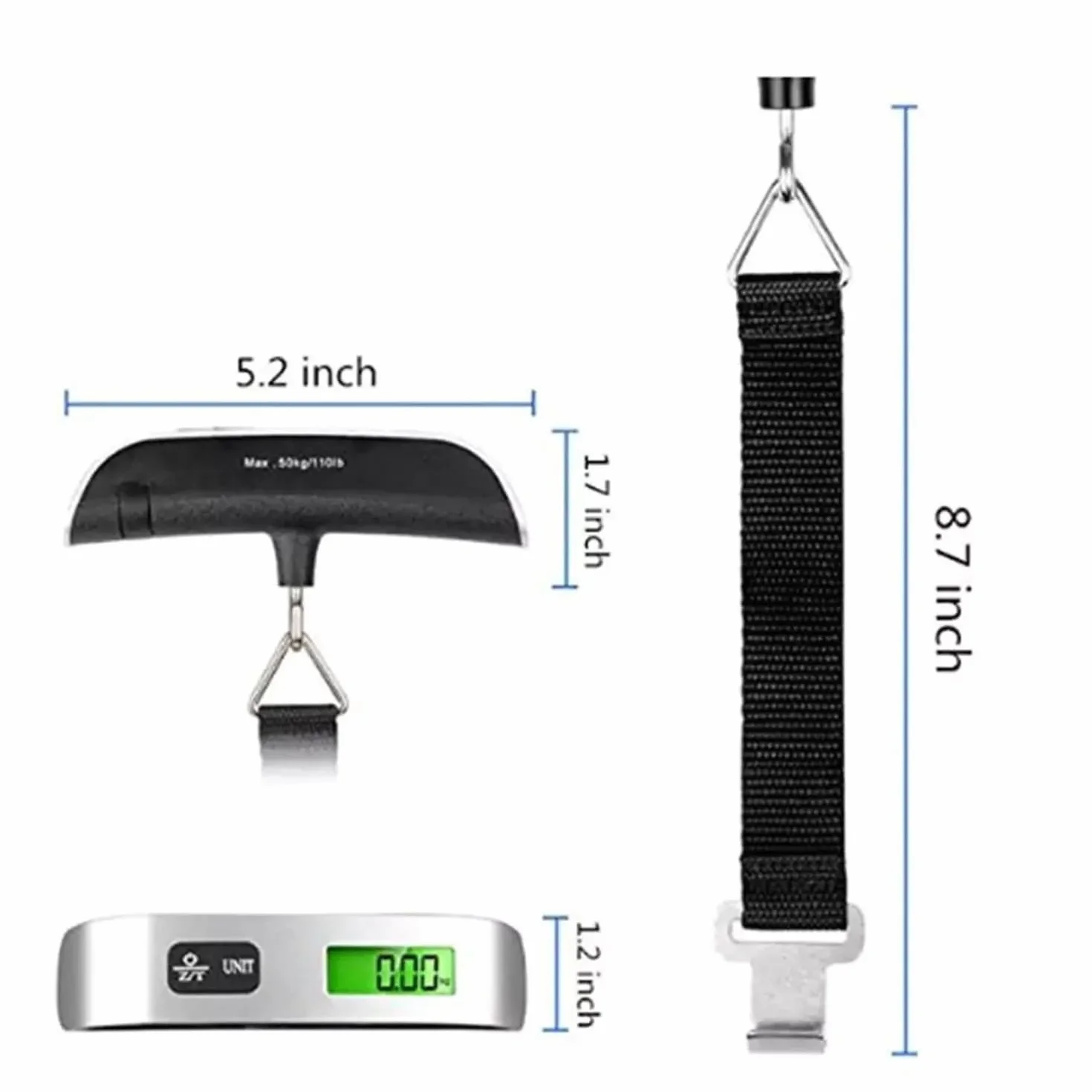 Przenośna waga bagażowa, cyfrowa waga bagażowa, wyświetlacz LCD z podświetleniem, funkcja tary, praktyczna w podróży/życiu rodzinnym, do 50 kg