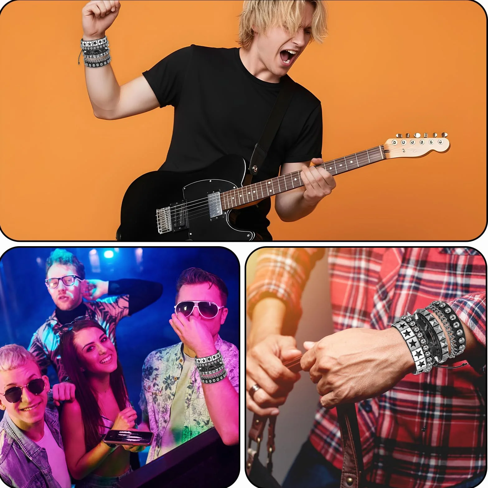 Tucnoeu Zestaw 4 szt. bransoletek z ćwiekami punk rock, opaska na nadgarstek z lat 80., emo gotycka biżuteria, akcesoria dla mężczyzn i kobiet