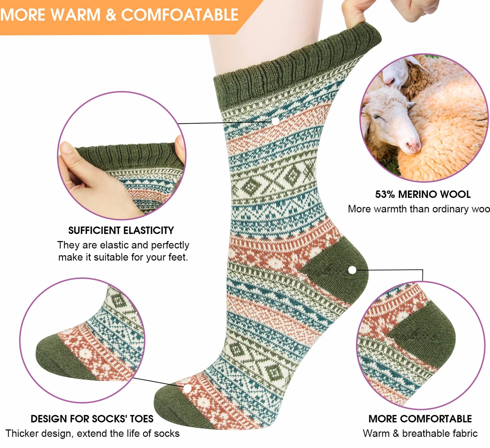 Justay 5 par ciepłych miękkich skarpet wełnianych merynosów na zimę, grube skarpety unisex wielokolorowe, zielony, brązowy, niebieski, pomarańczowy, złamany biały, 36-42 EU