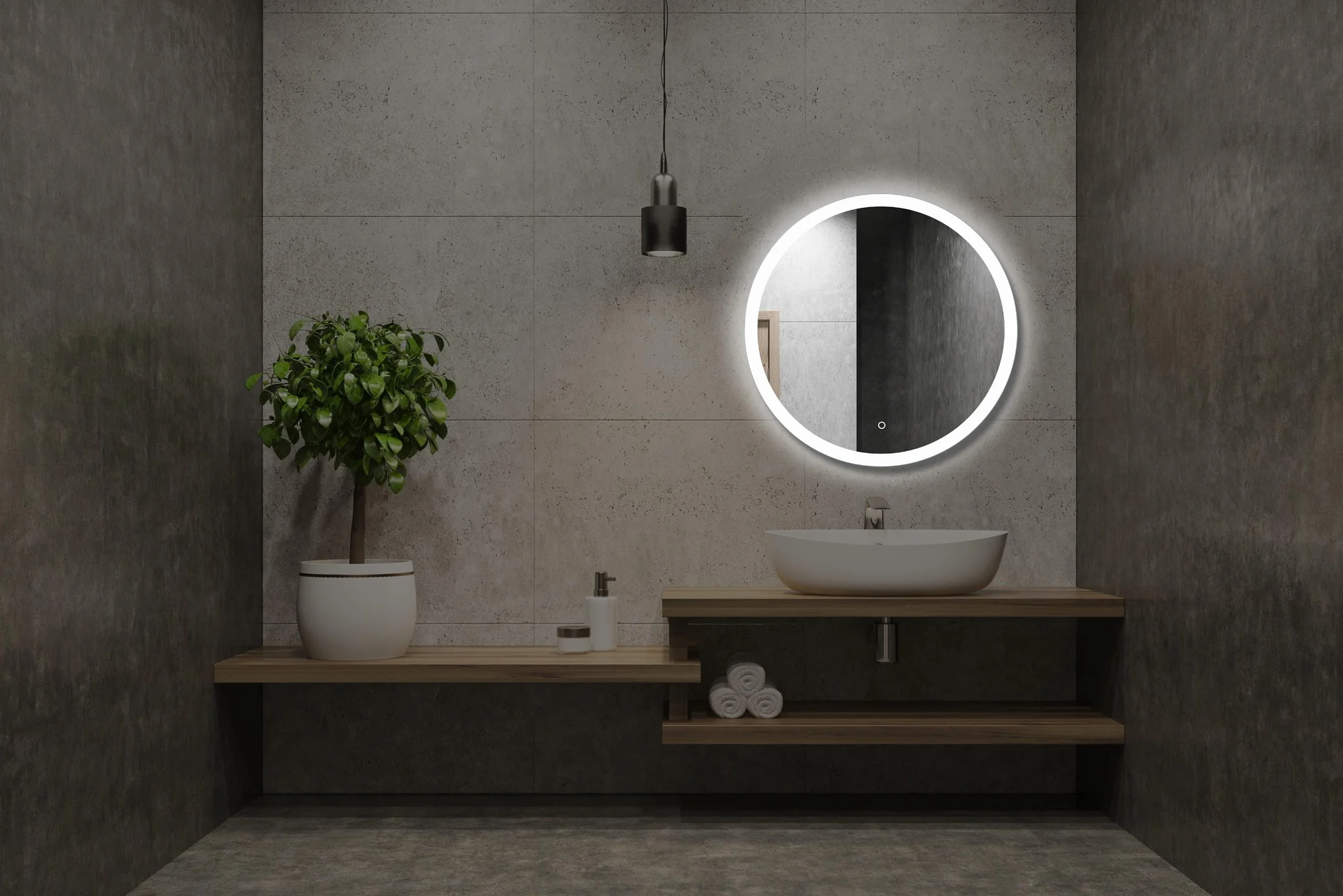 50 cm Okrągłe lustro łazienkowe z oświetleniem LED, Okrągłe lustro ścienne LED z włącznikiem, Lustro z naturalnym białym z światłem, Podświetlane z przodu
