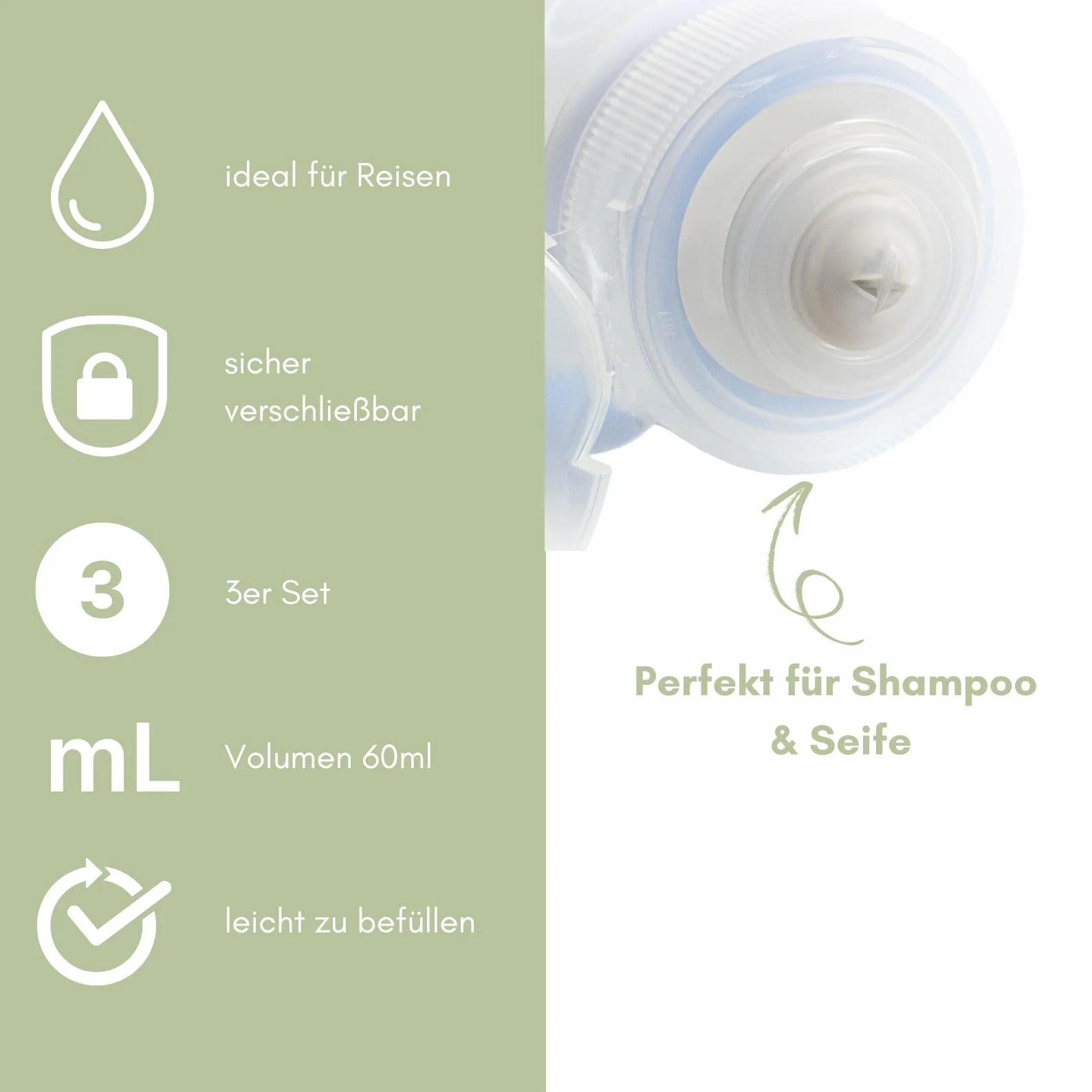 Larelle Silikonowe butelki podróżne, zestaw 3 sztuk, 3 x 60 ml, silikon bez BPA, pojemniki na płyny, szczelne, pojemnik podróżny, z przezroczystą torbą, jasnoniebieski, różowy, biały