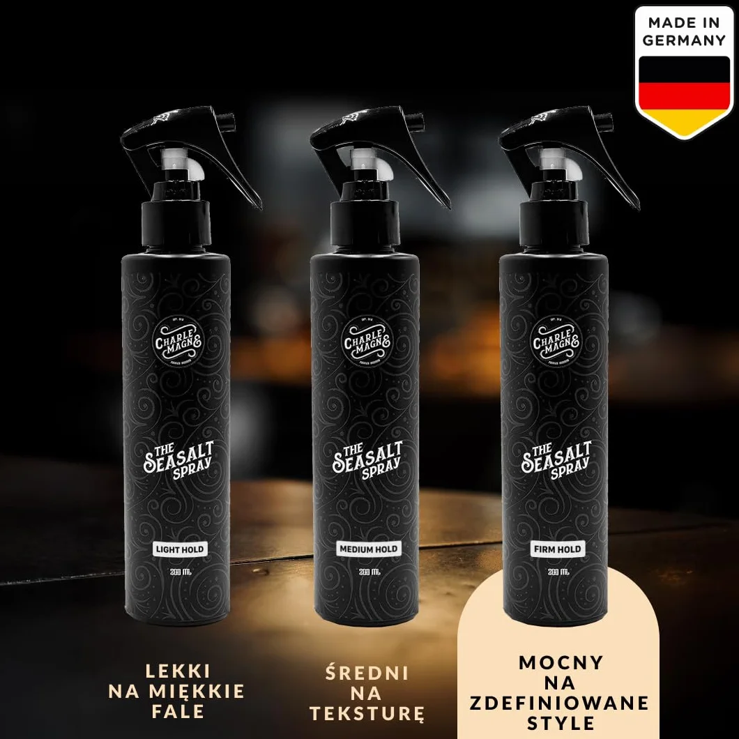 Charlemagne Spray z solą morską dla mężczyzn, spray do włosów o objętości i falowane loki plażowe z ochroną cieplną, matowe wykończenie, wyprodukowano w Niemczech, 200 ml (1 szt., mocne trzymanie)
