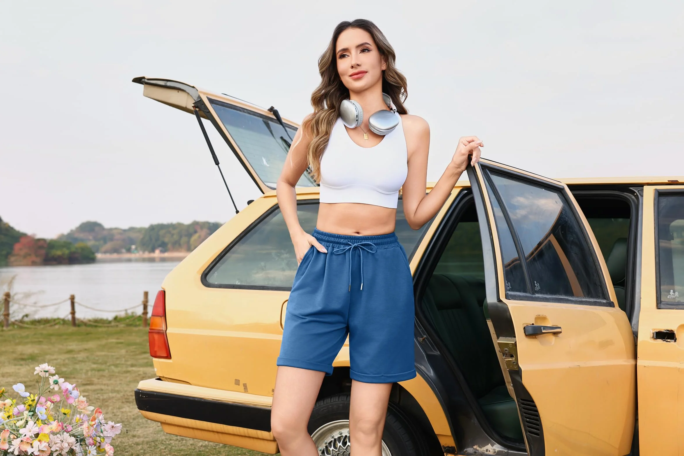 Litherday Szorty Damskie Bawełniane Letnie Spodenki Sportowe Wysoka Talia Sznurek Odzież Sportowa do Fitness Joga Jogging Dom S-XXL