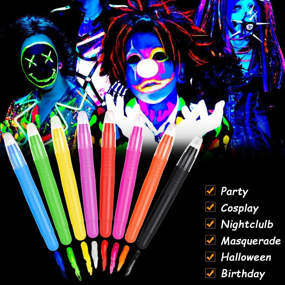 URAQT Farby do twarzy dla dziecko, 8 kolorów fluorescencyjnych UV, bezpieczna nietoksyczna farba do ciała i twarzy, brzucha ciążowego, na Halloween, święta, Cosplay