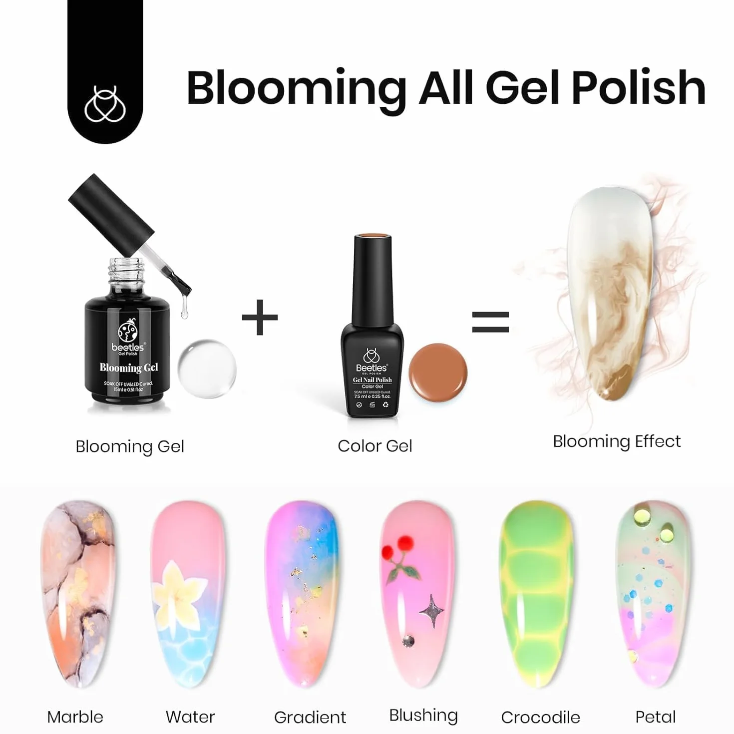 Beetles Nail Blooming Gel & No Wipe Gel Base Top Coat Set, 3 sztuki 15 ml żelu bazowego o błyszczącym wykończeniu, który może być żelowym prezentem do manicure dla kobiet