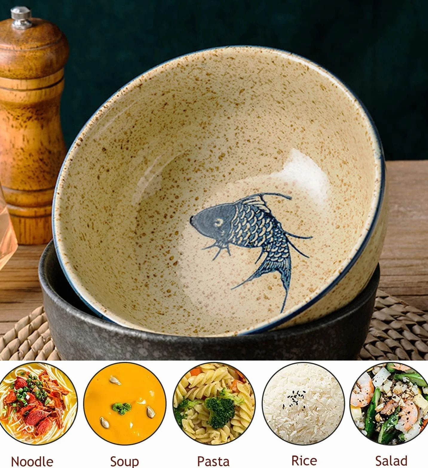 Ramen Raman, japońska miska ceramiczna, porcelanowe miski do zupy i sałatek, pojemność 580 ml, średnica 15,5 cm, wysokość 7,5 cm