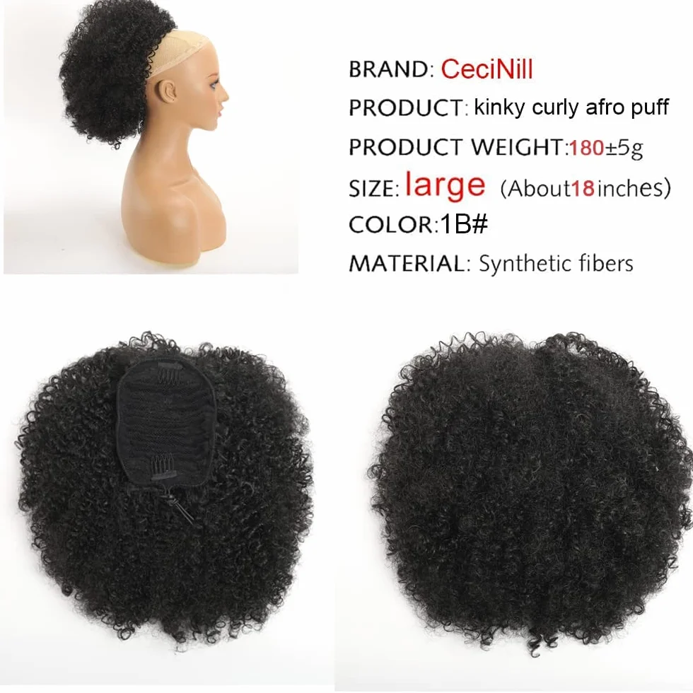 Syntetyczny kucyk typu Afro Puff, kręcony, z ściągaczem i dwoma klipsami, krótkie włosy typu kinky curly, doczepiany kok dla czarnoskórych kobiet, kolor 1B