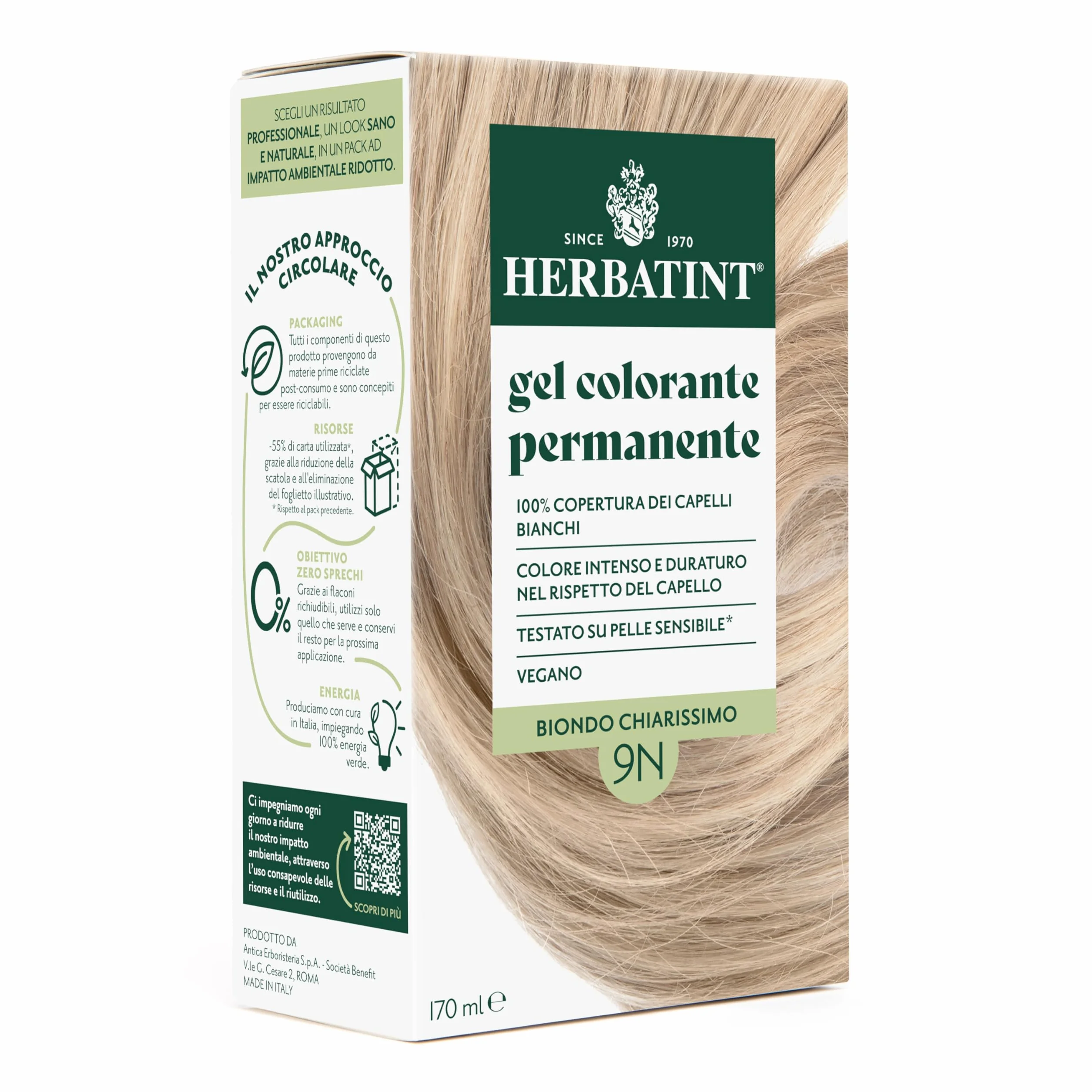 Herbatint Żel do farbowania włosów 9N jasny blond - 170 ml | bez amoniaku, 100% białe włosy | dla wrażliwej skóry, z 8 naturalnymi ekstraktami organicznymi