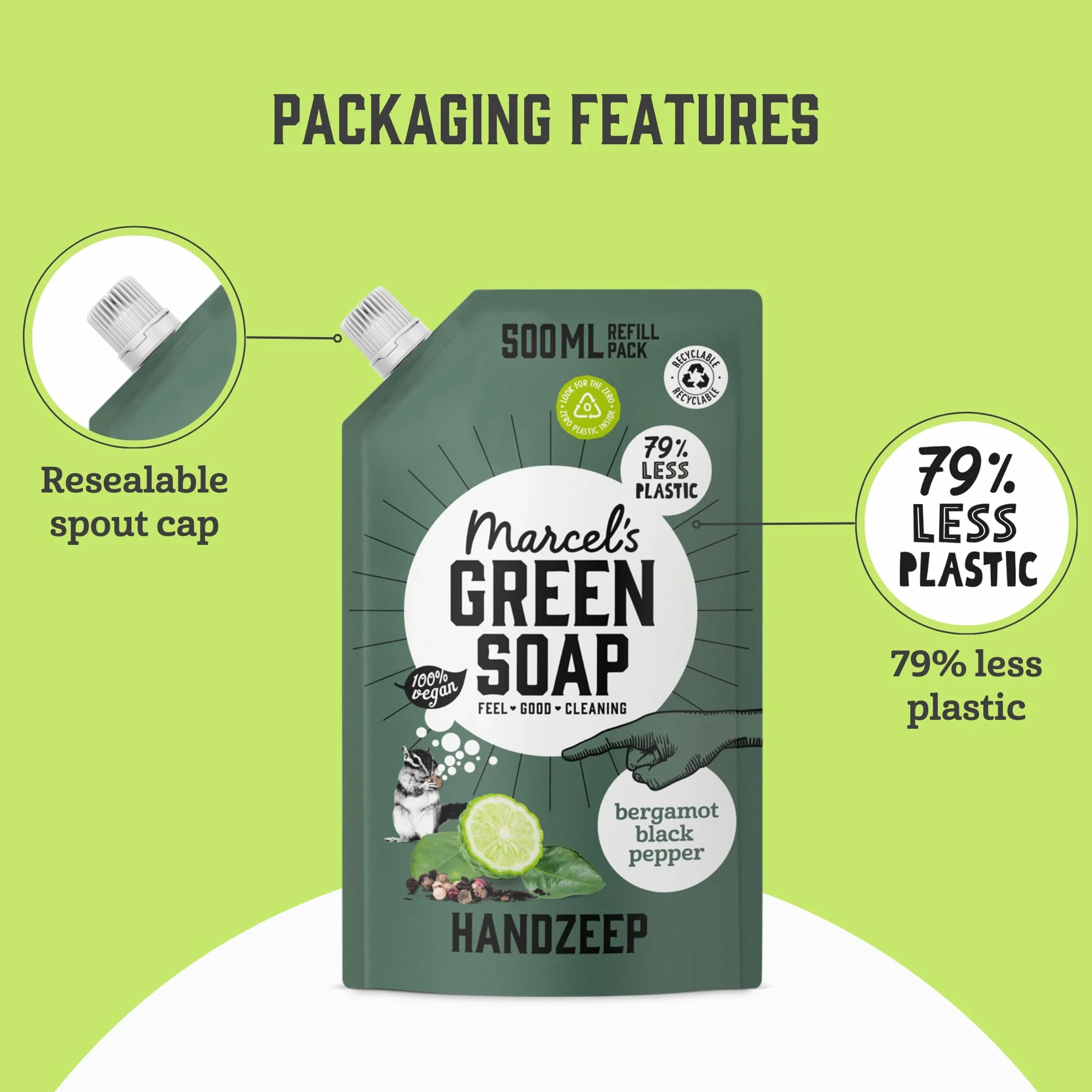 Marcel's Green Soap - Uzupełnienie mydła do rąk czarny pieprz i bergamotka - formuła bez mikroplastiku - mydło do rąk opakowanie uzupełniające - 99% biodegradowalne - wegańskie