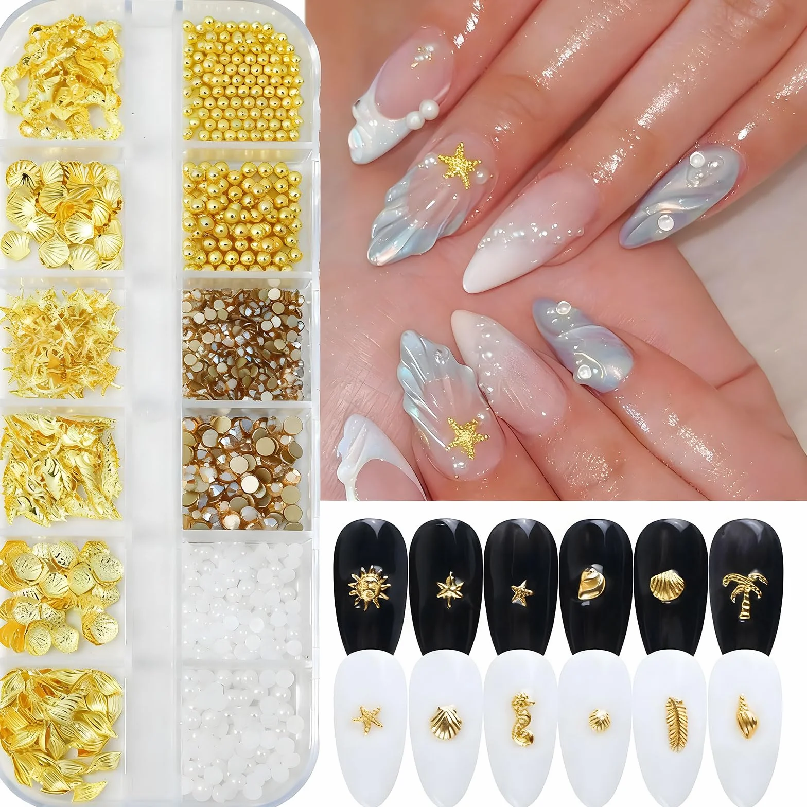 Dreamil Zawieszka do paznokci z motywem oceanu, złote zawieszki do paznokci, złote zawieszki 3D, do samodzielnego zdobienia paznokci, manicure na wesela, imprezy plażowe.
