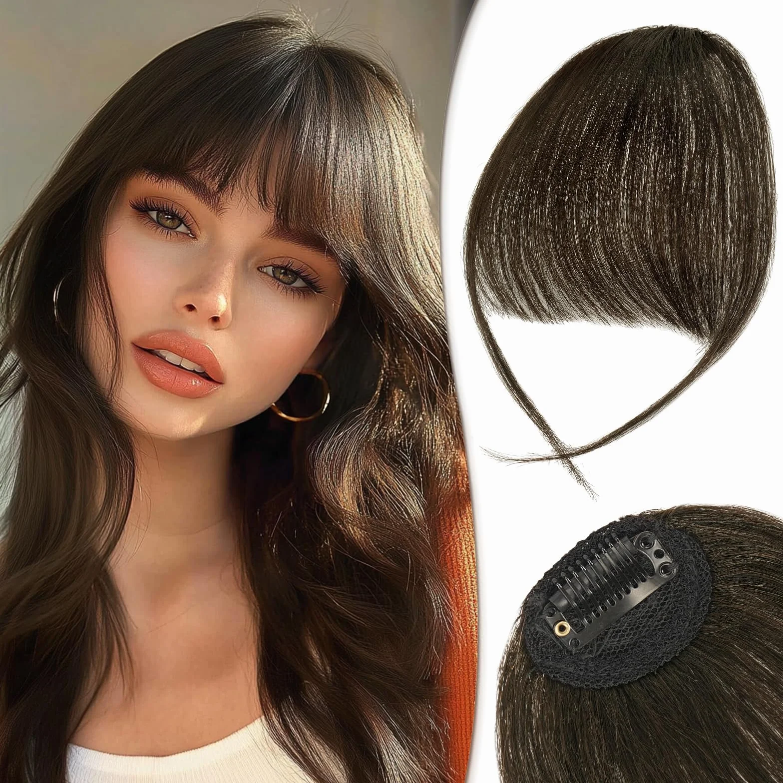 RUWISS Frędzle z naturalnych włosów z grzywką - Frontal Frontal Extension 100% ludzkie włosy - grzywka do włosów dla kobiet (ciemny naturalny brąz)