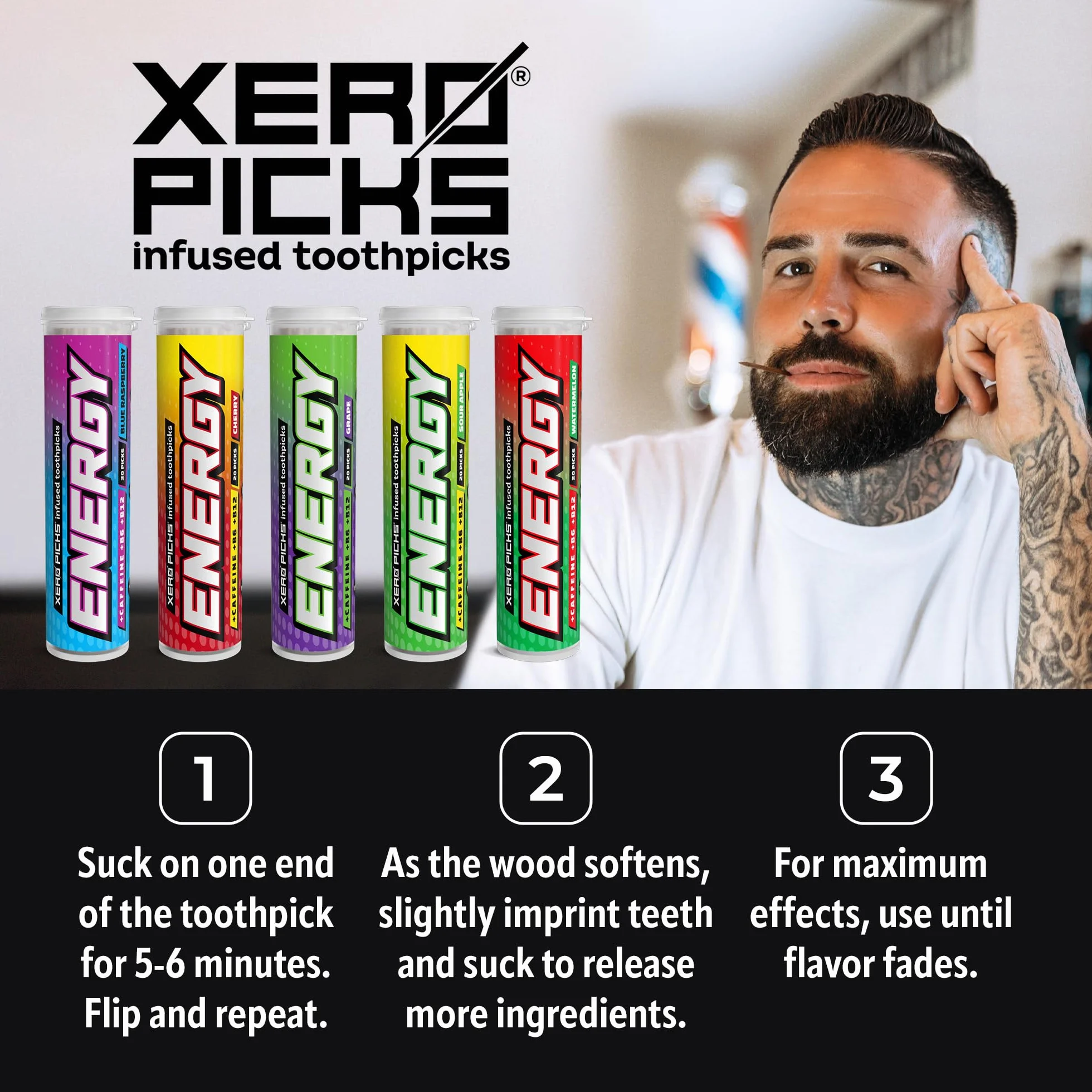 Xero Picks Energetycznie aromatyzowana wykałaczka z kofeiną, B12 i B6 (zestaw 20 sztuk (opakowanie 5 szt.)