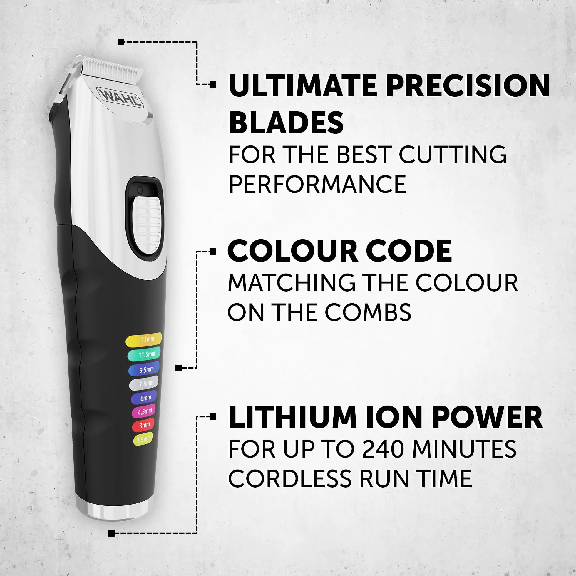 Wahl Color Trim Trymer Do Brody, Grzebienie Prowadzące z Kodami Kolorów, Czas Pracy 240 Min, Ładowarka USB, Precyzyjnie Szlifowane Ostrza