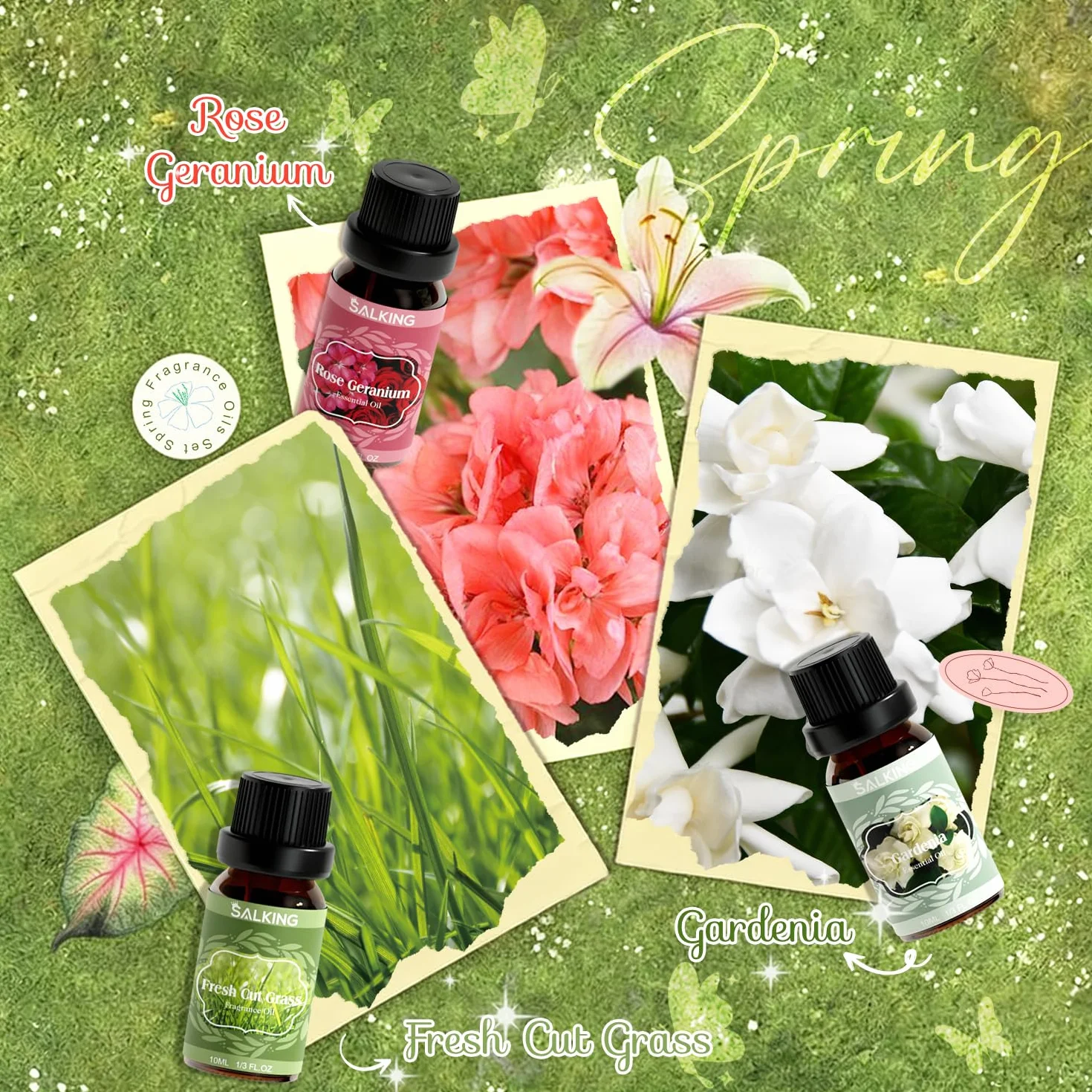 SALKING Zestaw olejków eterycznych wiosennych, 6 x 10 ml, 100% aromaterapii, nawilżacza powietrza, masażu, po deszczu, świeżo skoszonej trawy, szalergu, geranium