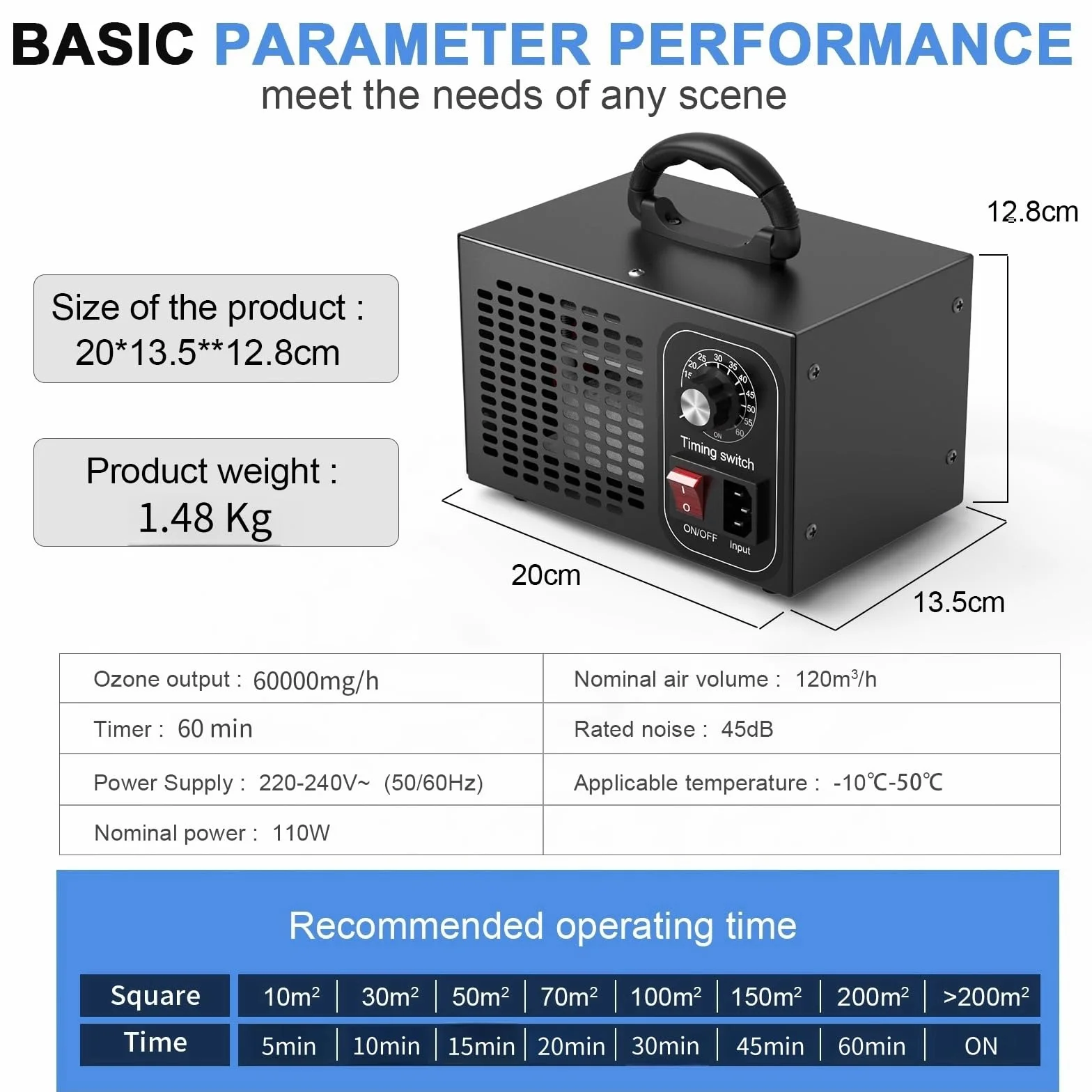 Generator ozonu 60 000 mg/h, ozonator O3, oczyszczacz powietrza z timerem do 60 min, do dezynfekcji klimatu, do samochodu, kolor czarny