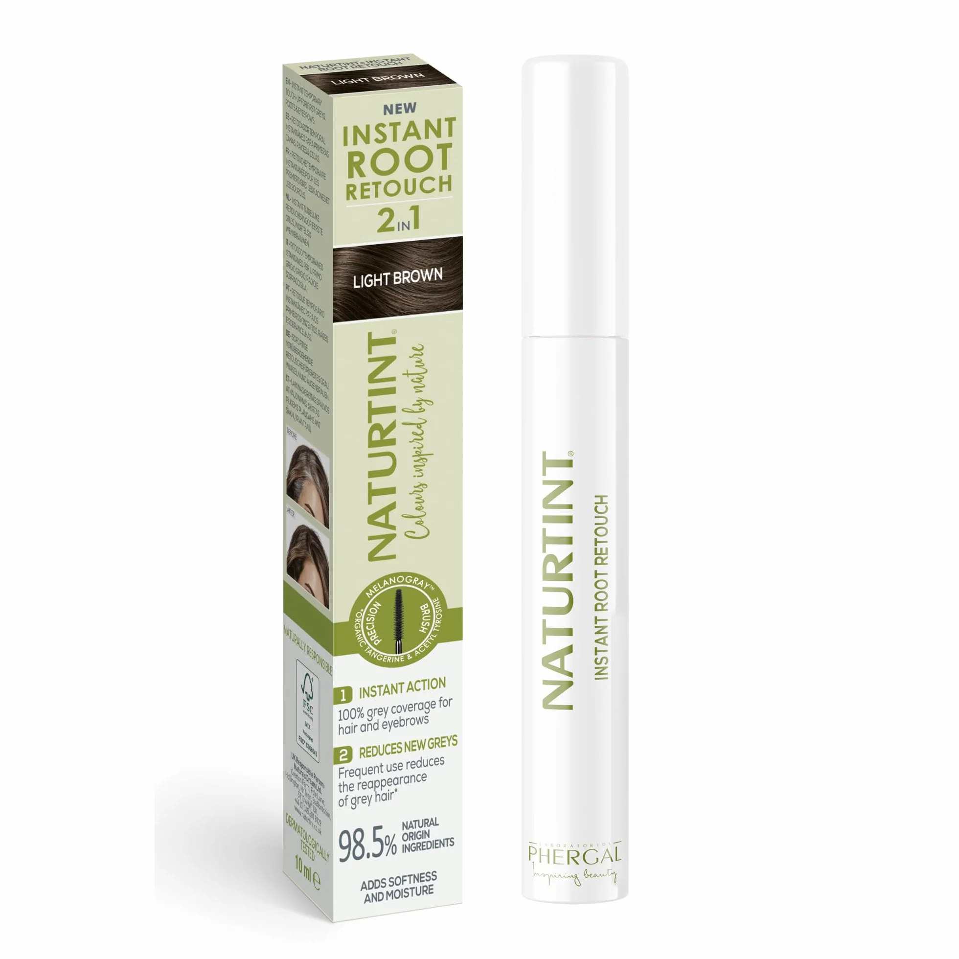 Naturtint | Instant Root Retouch | Tymczasowy retuszer do siwych włosów, korzeni i brwi | Praktyczny i wygodny dzięki pędzelkowi | 98,5% naturalnych składników | jasnobrązowy | 10 ml