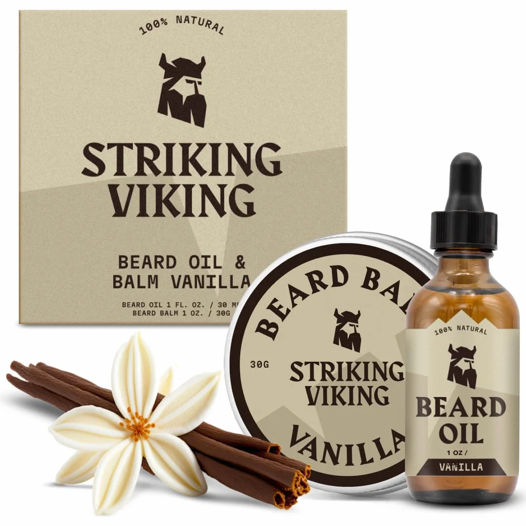 Striking Viking Beard Oil and Balm - Leave in Beard Conditioner - Tames, Styles, Softens, Moisturizes Beards and Mustache - Made with All Natural and Organic Argan and Jojobo, Olejki waniliowe