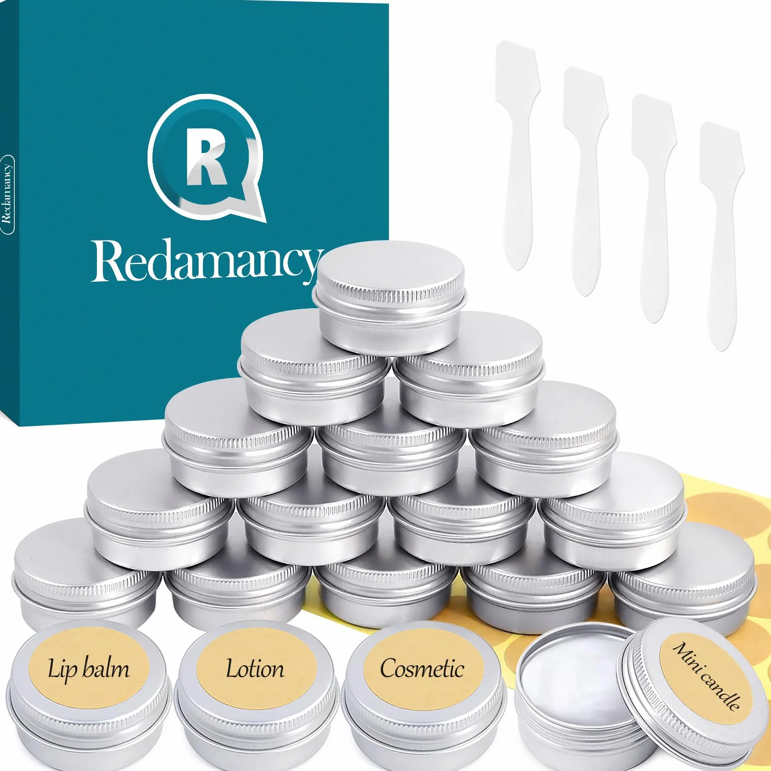 Redamancy 20 szt. aluminiowych pustych pojemników, 20 ml, puste butelki na krem do makijażu, okrągłe podróżne słoiki na krem z 2 okrągłymi naklejkami i 4 mini szpatułkami do balsamu do ust, balsamu