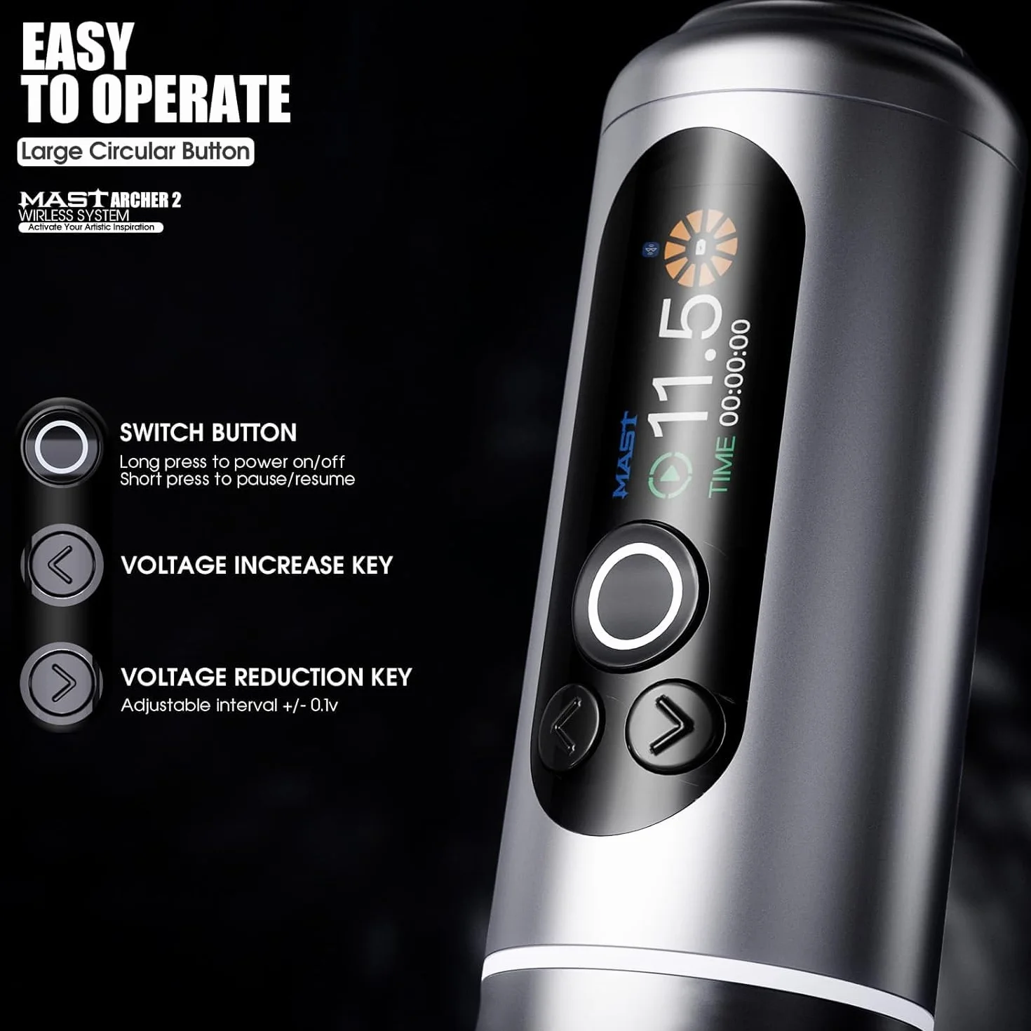Mast Archer2 Wireless Tattoo Kit Rotary Pen Machine, Brushless Motor by Mcore, Smart Screen & 2000mAh Battery 3.5mm Stroke Length Wireless Foot Pedal