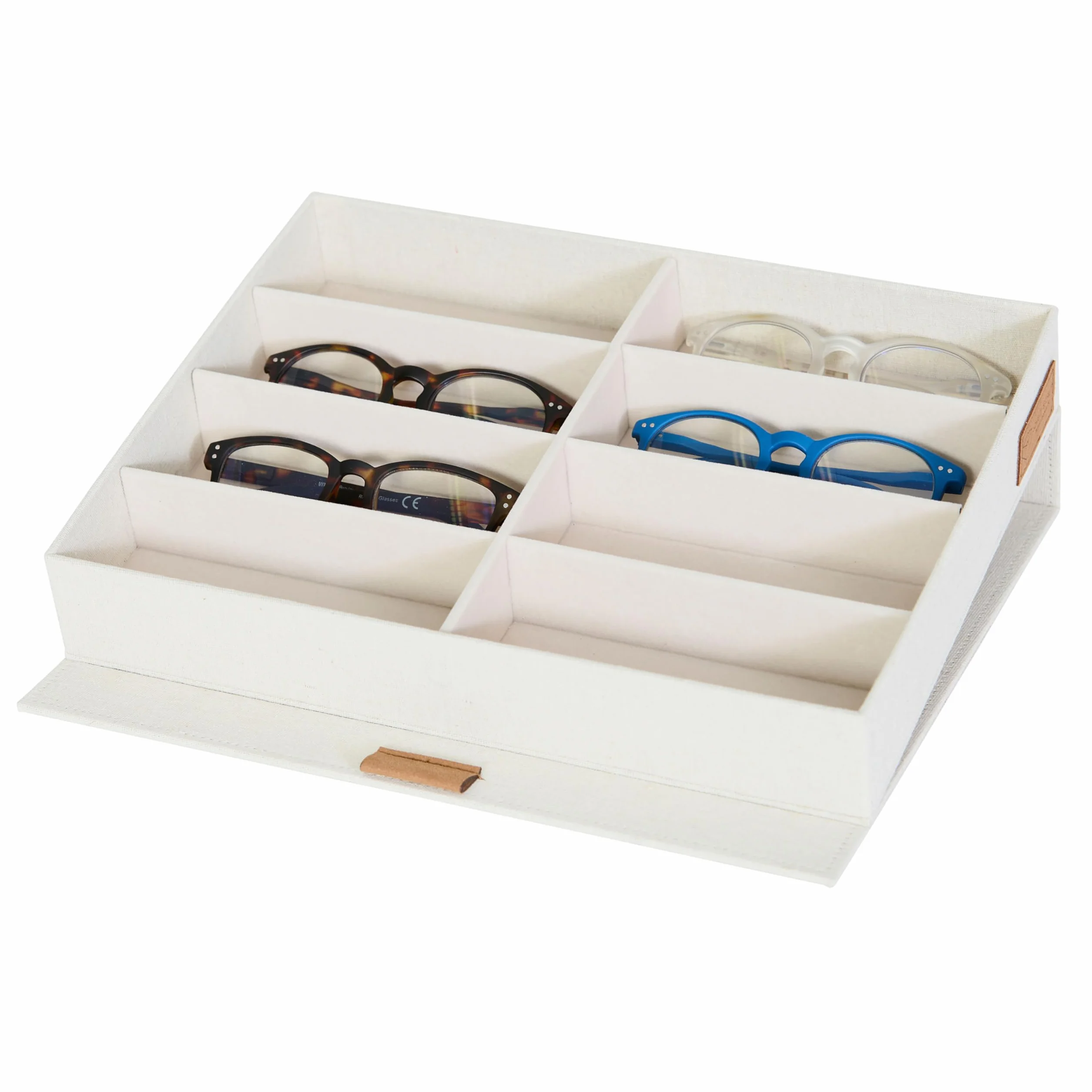 LOVE IT STORE IT organizer na 8 okularów premium – wykonany z lnu – do przechowywania kilku okularów – wzmocniony drewnem – kolor beżowy – 32 x 25 x 5,5 cm