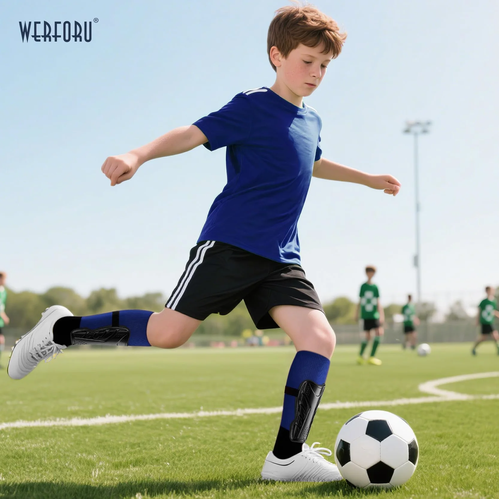 WERFORU Dziecięce skarpety piłkarskie z ochraniaczami piszczeli, 3-16 lat, długie skarpety piłkarskie, antypoślizgowe skarpety sportowe dla chłopców i dziewczynek, do treningu piłki nożnej