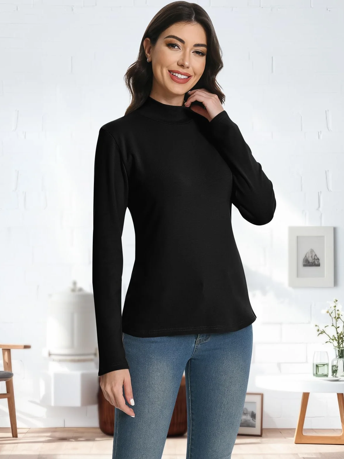 EBANKU Termoaktywne topy dla kobiet z długimi rękawami, ściśle przylegające do ciała, proste t-shirty, streczowe