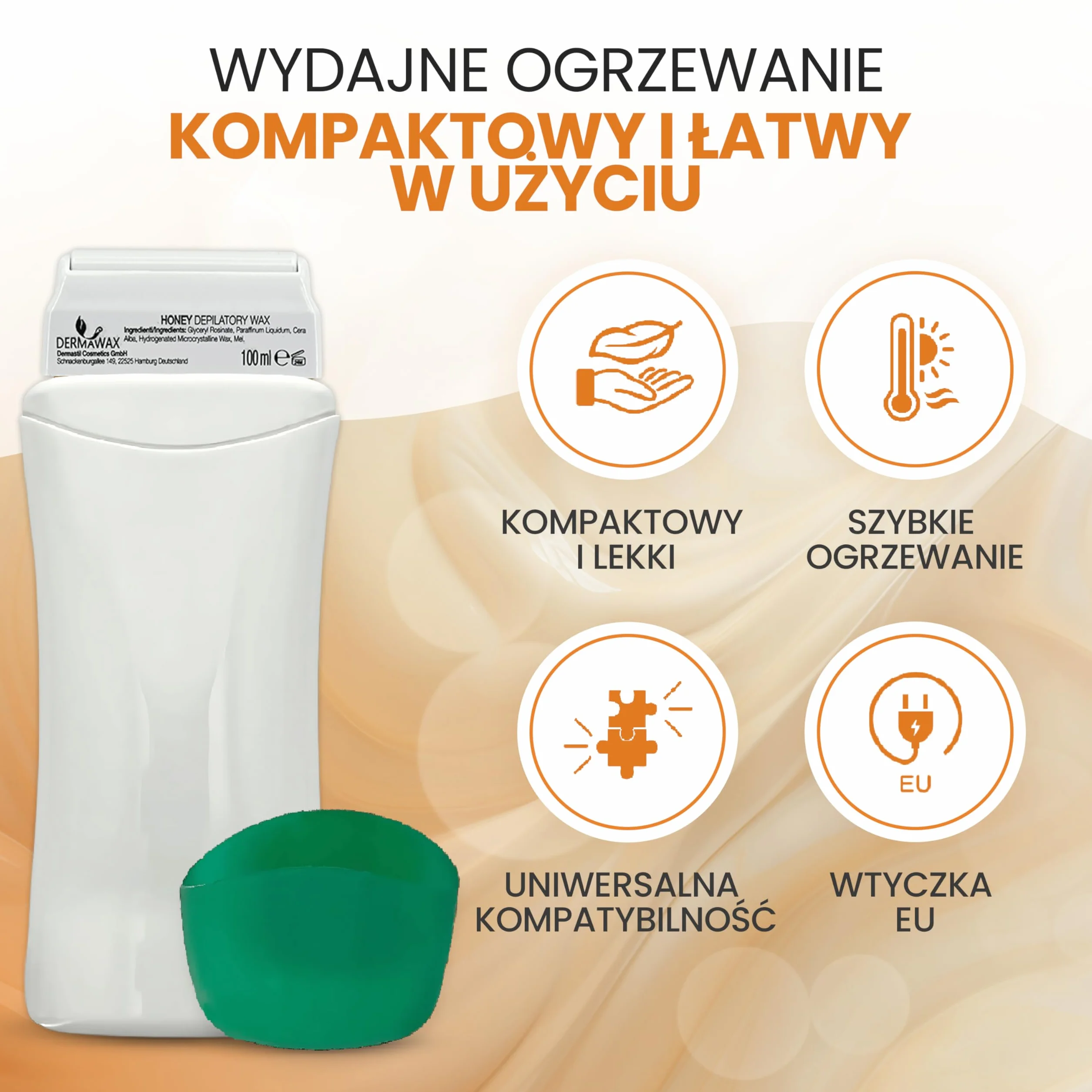 DERMAWAX Roll-On zestaw podgrzewaczy do wosku – 25 W, 230 V – w zestawie wosk miodowy roll-on 100 ml – profesjonalne usuwanie włosów za pomocą pasków woskowych – szybka i łatwa depilacja nóg, ramion