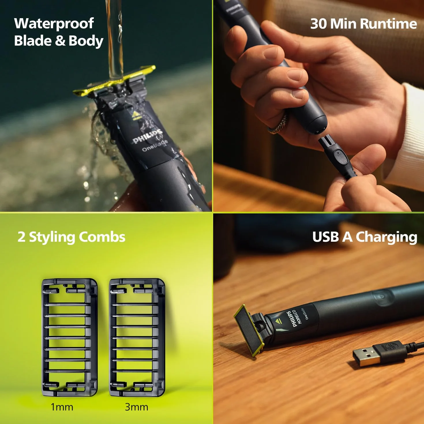 Philips OneBlade QP1424/10 trymowanie krawędzi i golenia, 2 x grzebienie do ścieru Click-on (1,3 mm), do ponownego ładowania, do stosowania na mokro i na sucho