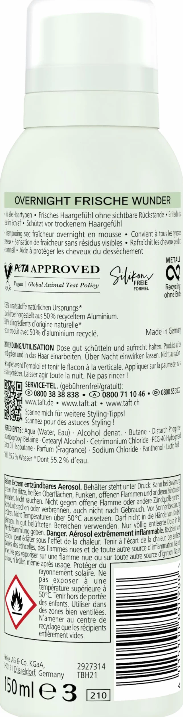Schwarzkopf Taft suchy szampon z pianki Overnight Fresh Wunder (150 ml), stylizacja włosów o odżywczych, odświeżających właściwościach podczas snu, nadaje się do wszystkich rodzajów włosów, wegańska