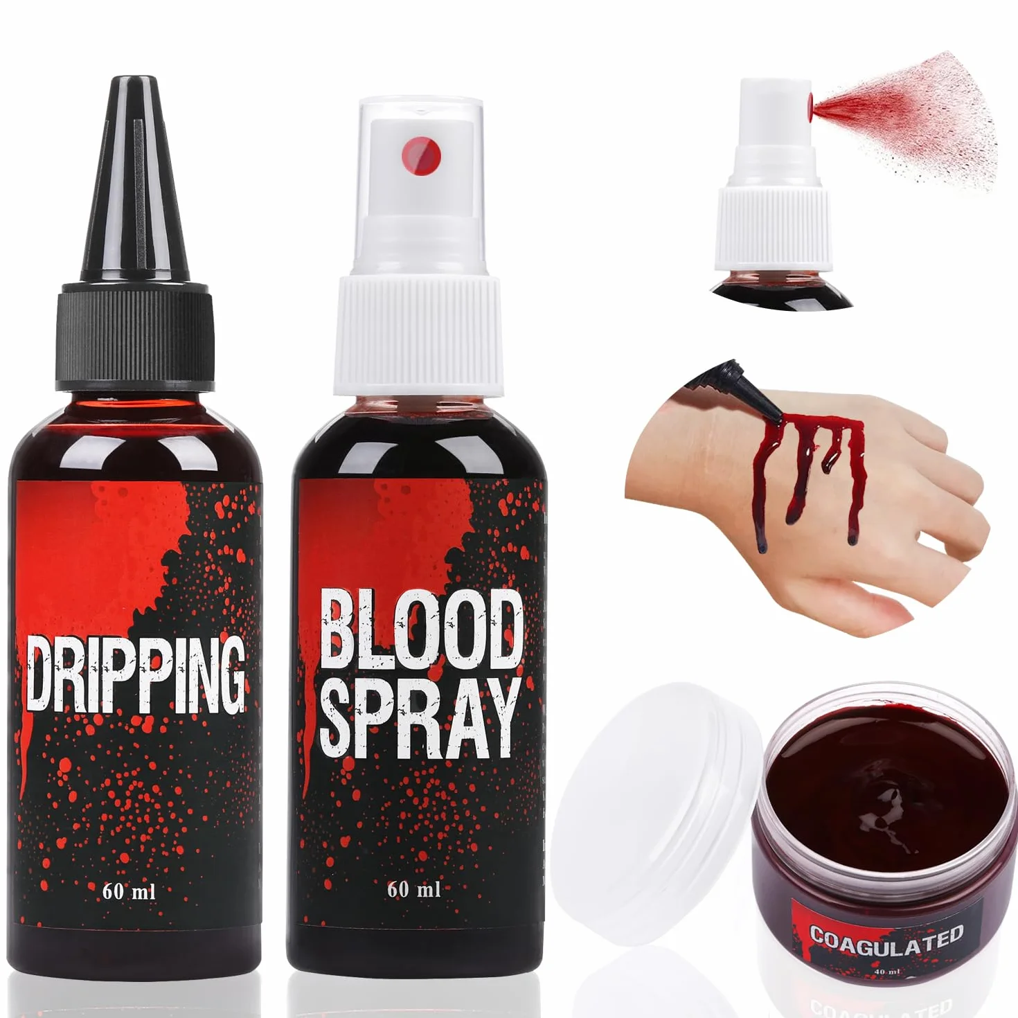 Zestaw sztucznej krwi, 60ml sztucznej krwi w sprayu i 60ml krwi kapiącej oraz 40ml żelowej krwi skupionej, sztuczne makijażowe malowanie ciała na Halloween, do kostiumów zombie, wampira i