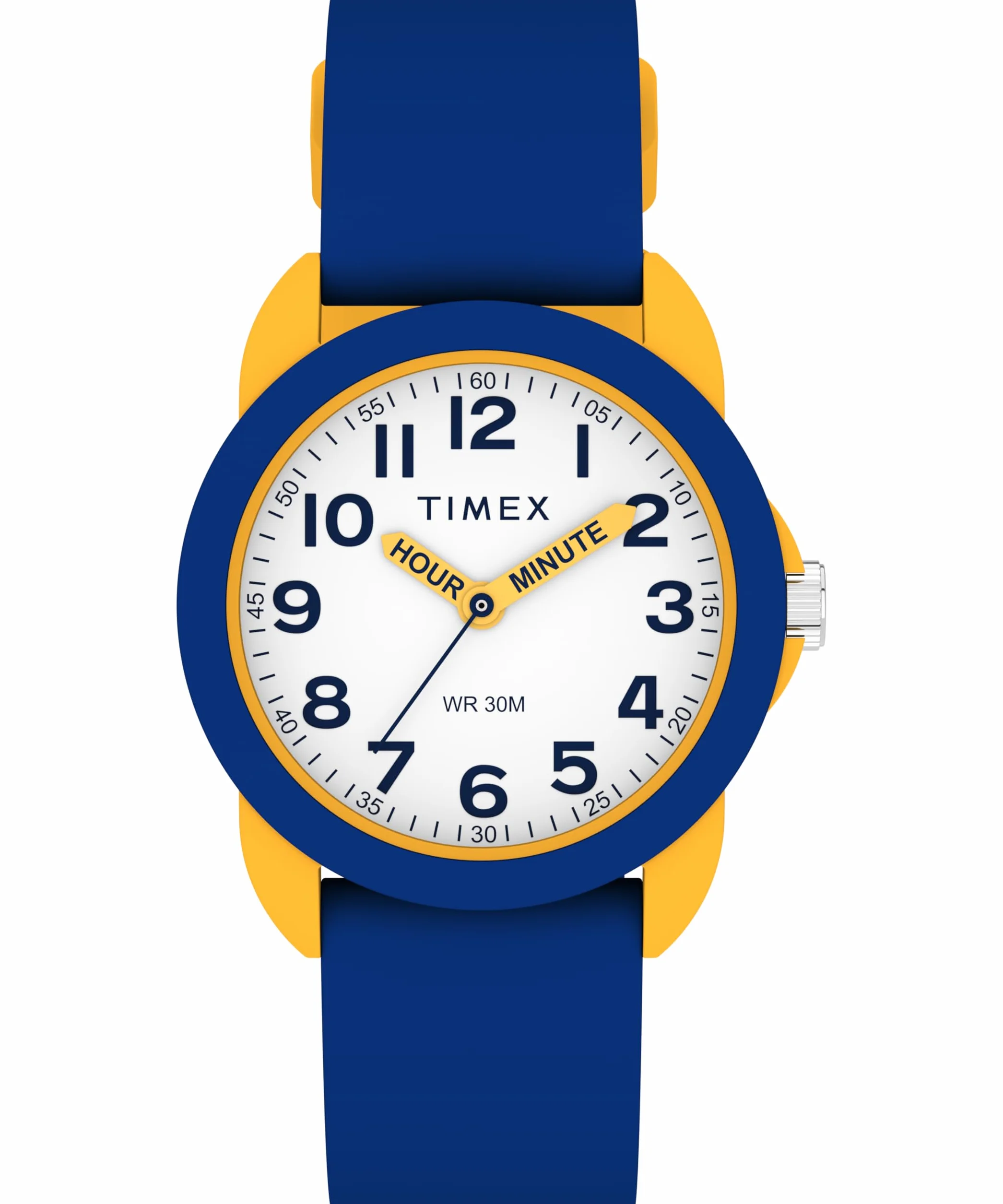 Timex Zegarek dla Dzieci Time Machines 30 mm, Niebieski Silikonowy Pasek, Czarna Tarcza, Żółta Obudowa TW2W92100