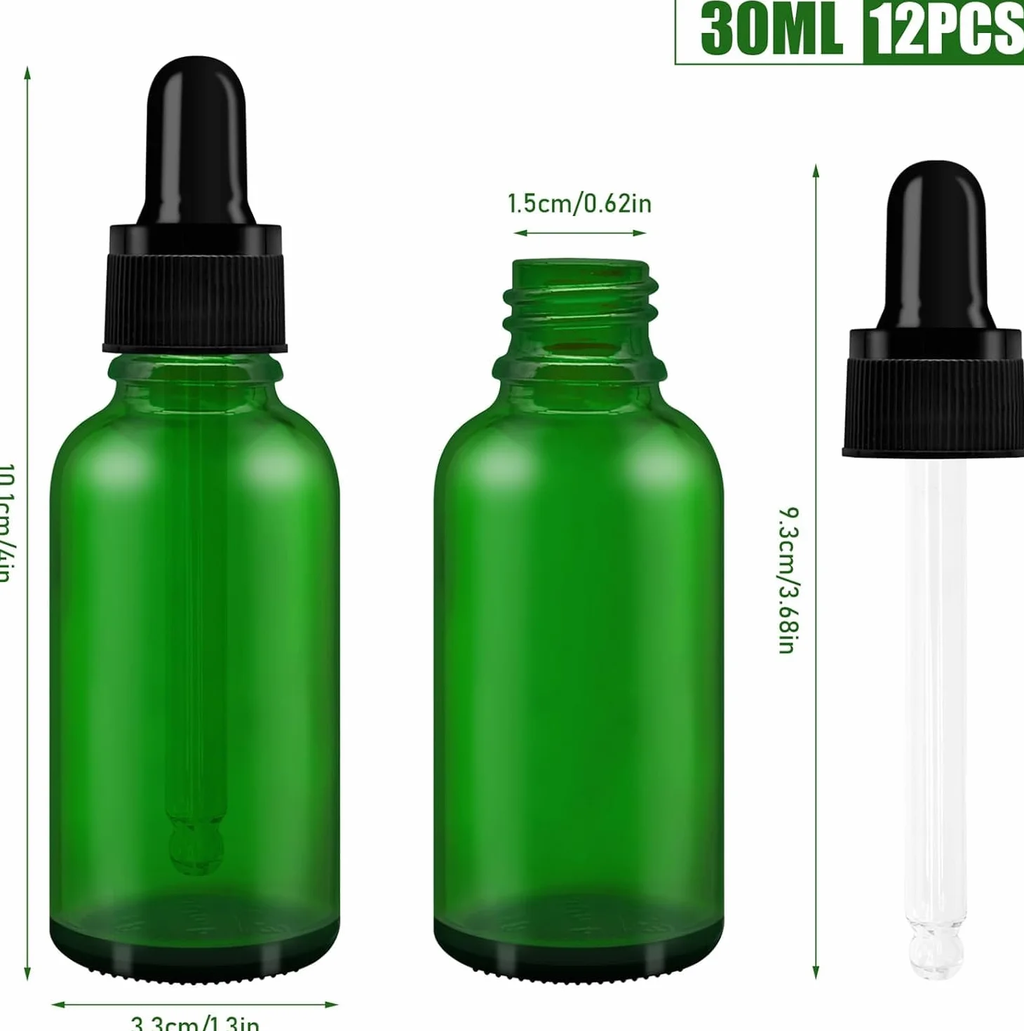 AMJKEJI Butelki z pipetą 30 ml, butelka z lejkiem do pipety, butelka perfum z zakraplaczem, szklany zakraplacz do olejków eterycznych, perfum, aromaterapia, zielone, 12 sztuk