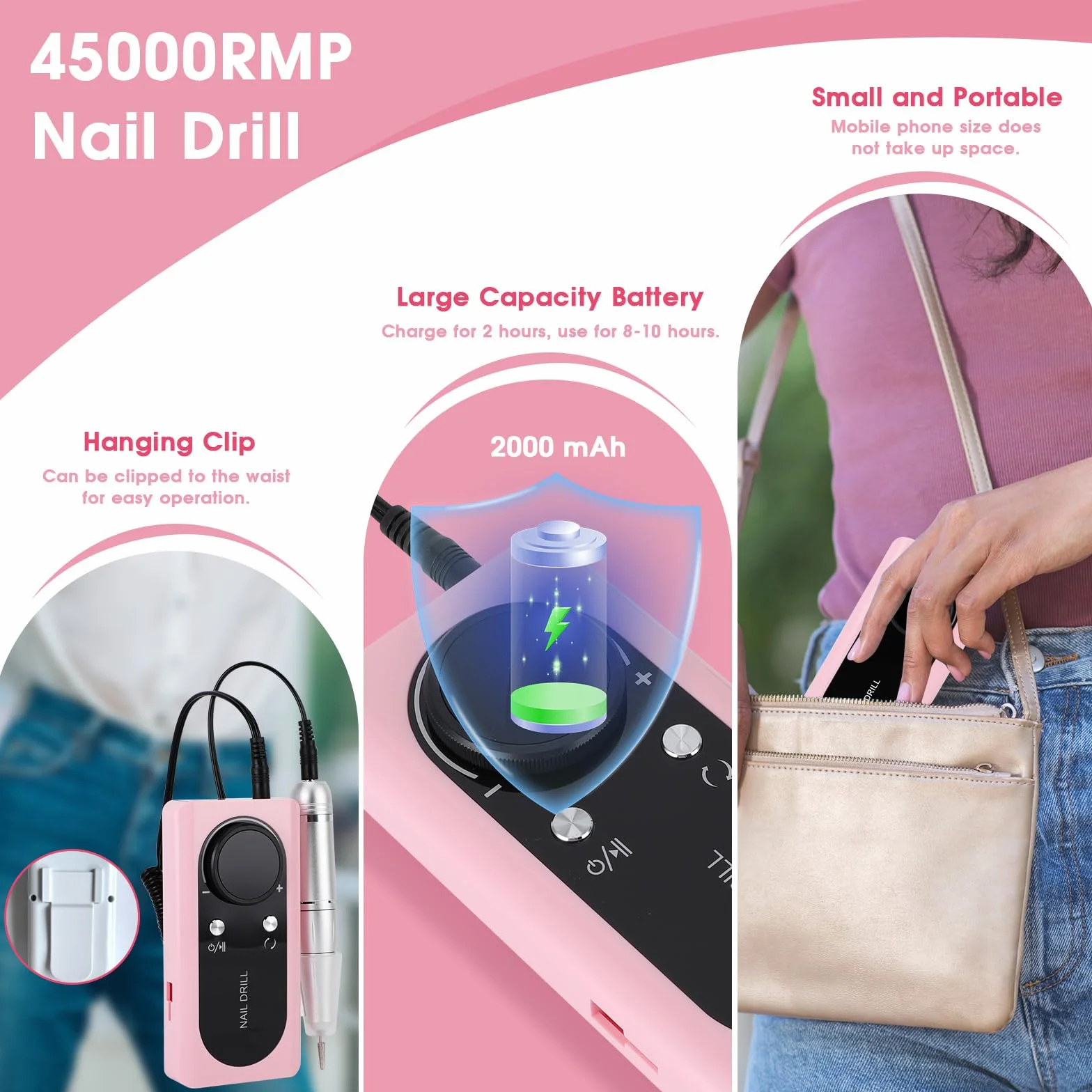 Elektryczna frezarka do paznokci, 45 000 obr./min, elektryczny pilnik do paznokci żelowych, ładowany, przenośny zestaw do manicure, elektryczny, 2000 mAh, USB, elektryczny pilnik do paznokci żelowych
