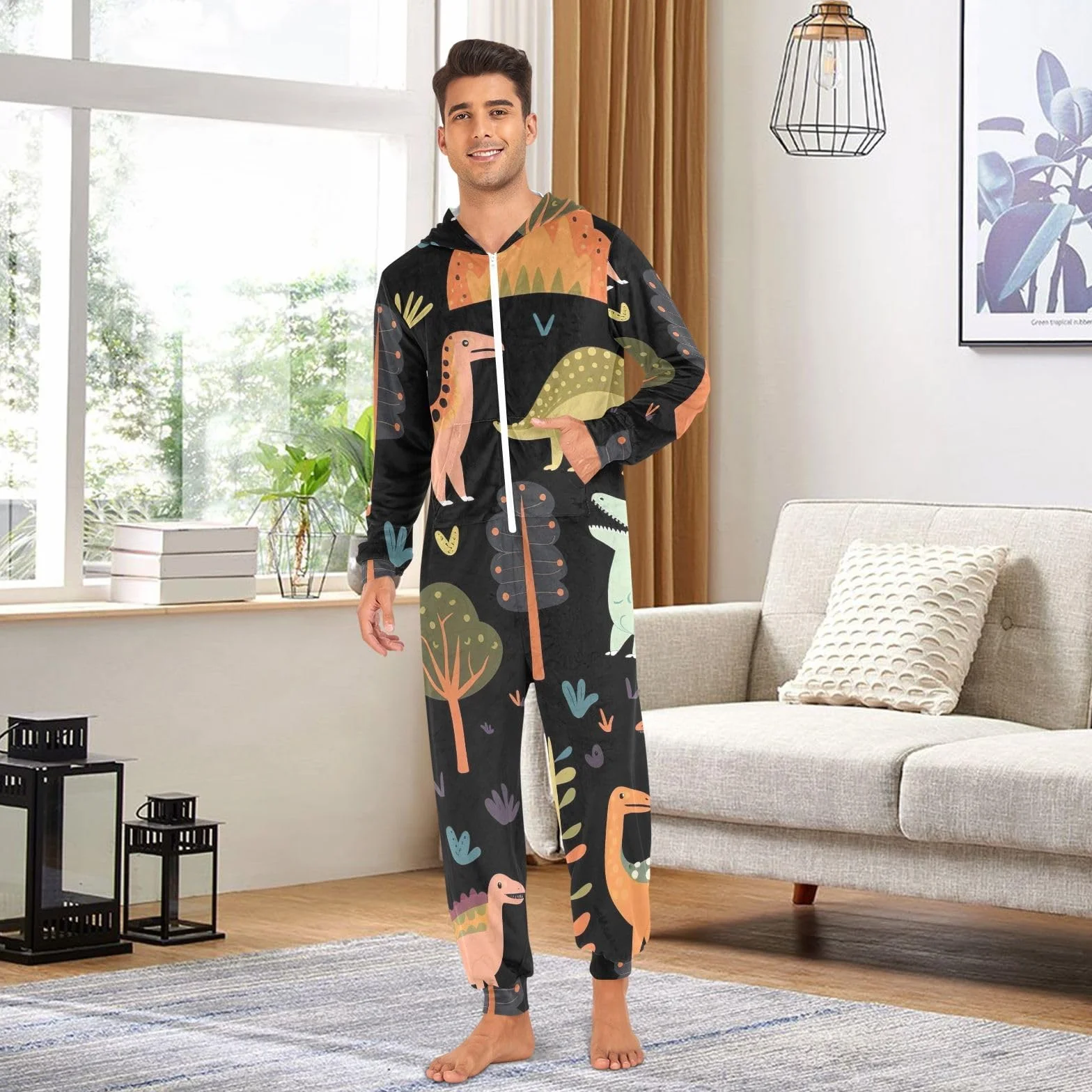 GAIREG Dinozaury Drzewa Dorosłych Piżama Onesie, Miękka Bluza Z Kapturem Jednoczęściowa Bielizna Nocna dla Mężczyzn Kobiet