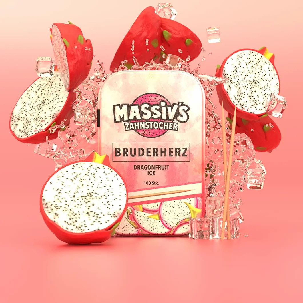 Massiv’s Toothpicks – Smakowe wykałaczki – BRUDERHERZ Dragonfruit Ice – 100 smakowych wykałaczek – Świeży oddech – Stylowa metalowa puszka – Wegańskie, bez cukru, bez kalorii