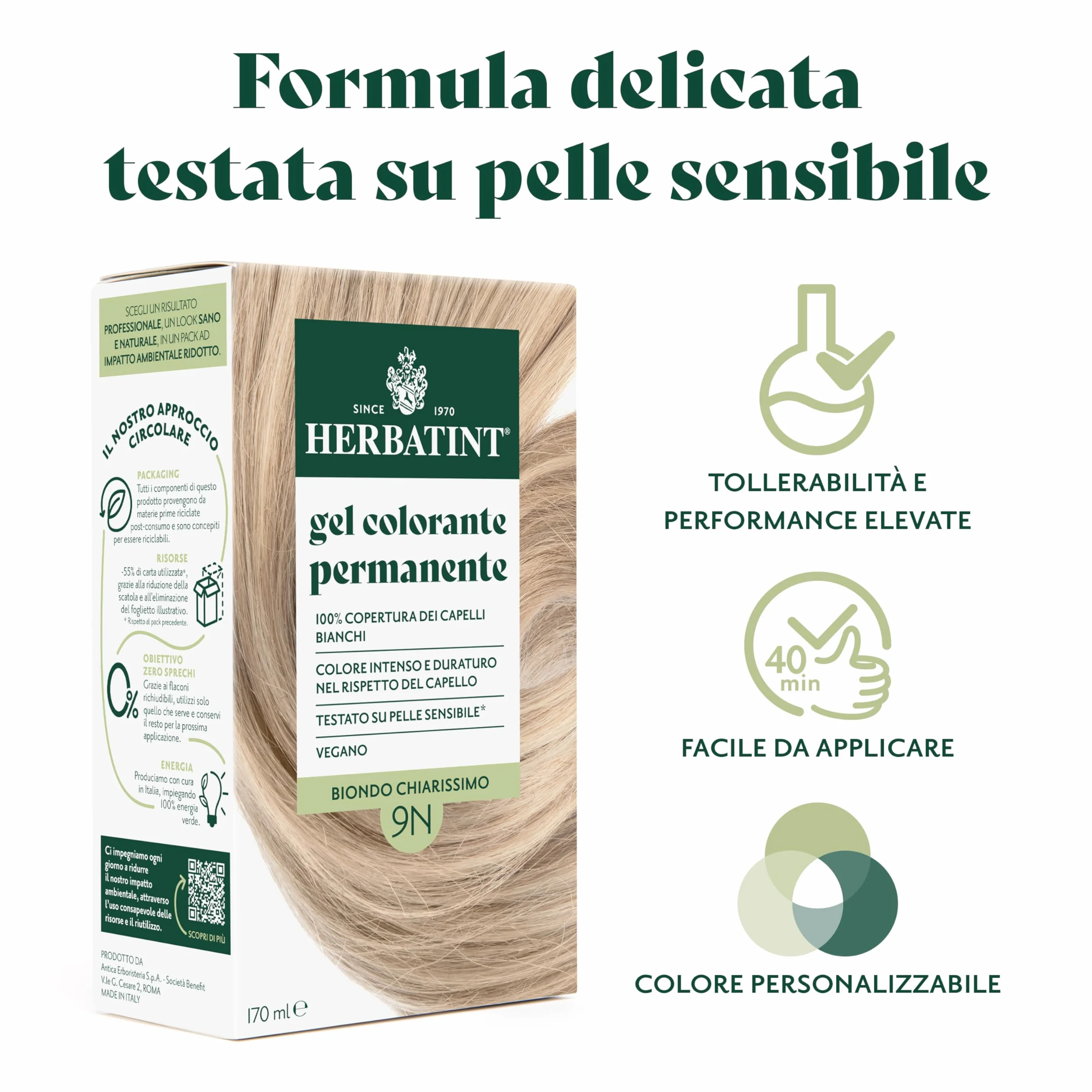Herbatint Żel do farbowania włosów 9N jasny blond - 170 ml | bez amoniaku, 100% białe włosy | dla wrażliwej skóry, z 8 naturalnymi ekstraktami organicznymi