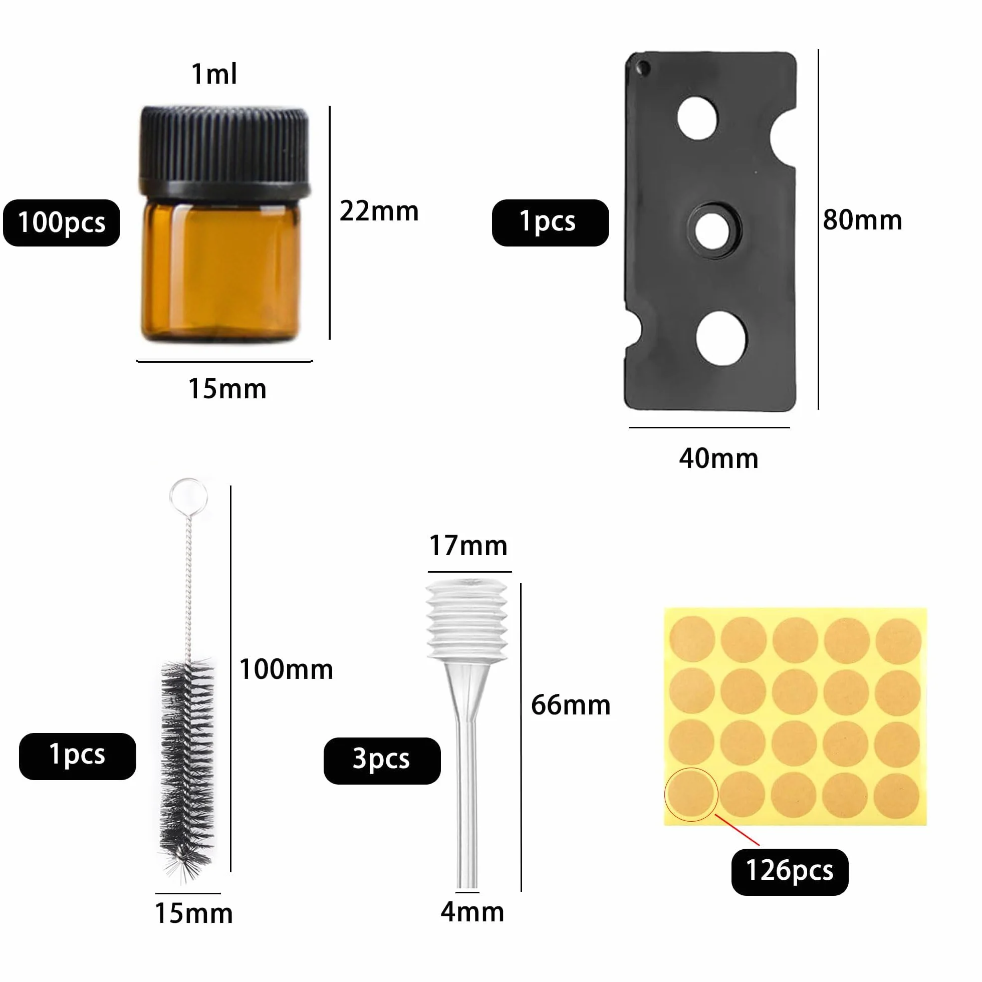 100 sztuk mini butelek szklanych z brązowego szkła 1 ml, w zestawie z pędzlem, przecinakiem do koralików, słomką i naklejkami, mini brązowe puste szklane butelki na olejki eteryczne z Orifice, do