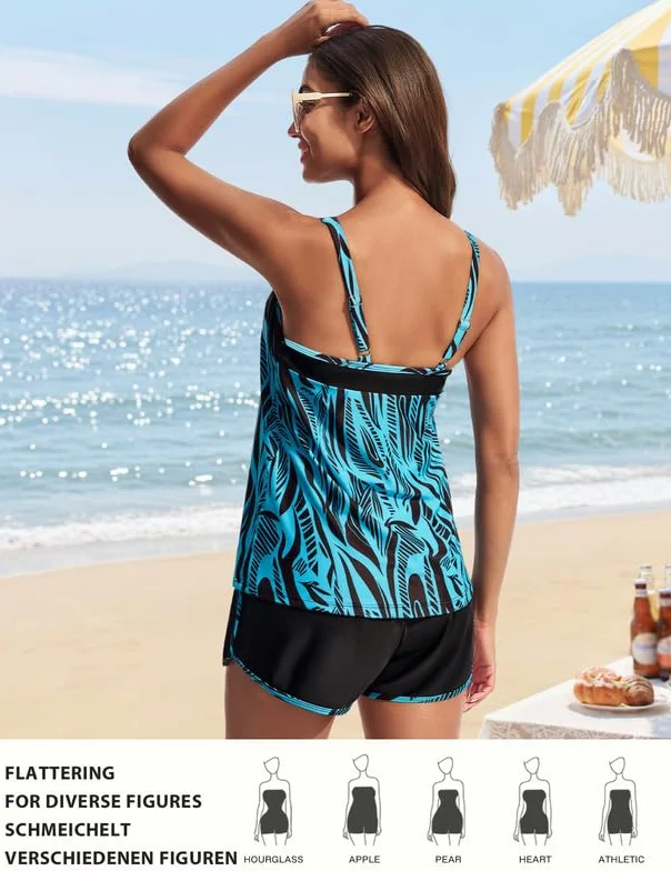 Hanna Nikole Tankini damski kostium kąpielowy, wyszczuplający brzuch, dwuczęściowy biustonosz push-up, moda kąpielowa i wszyte majtki, szorty kąpielowe z wysoką talią, z kieszeniami, regulowany strój